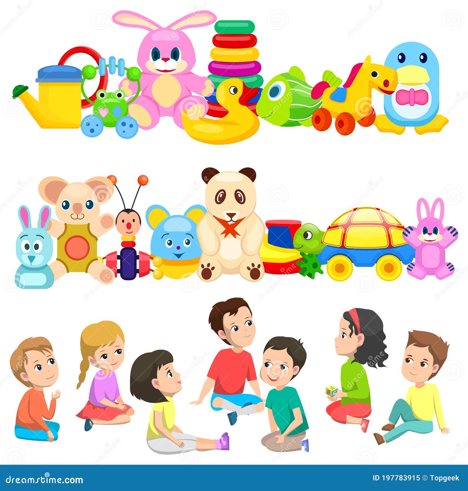 Vector Flat Kids Activity In Kindergarten Set. Girl And Boy Having