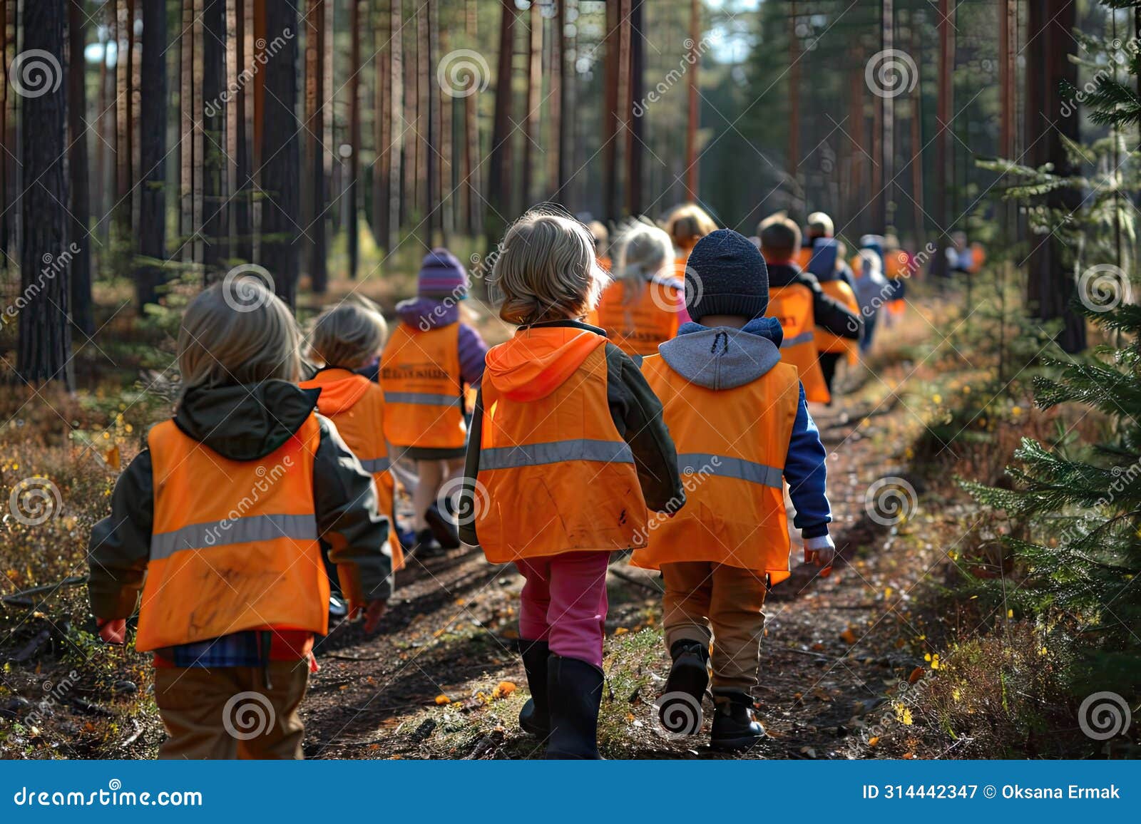 kindergarten in forest, children walking with tutors in wild park, finnish forest school, forest kindergarten