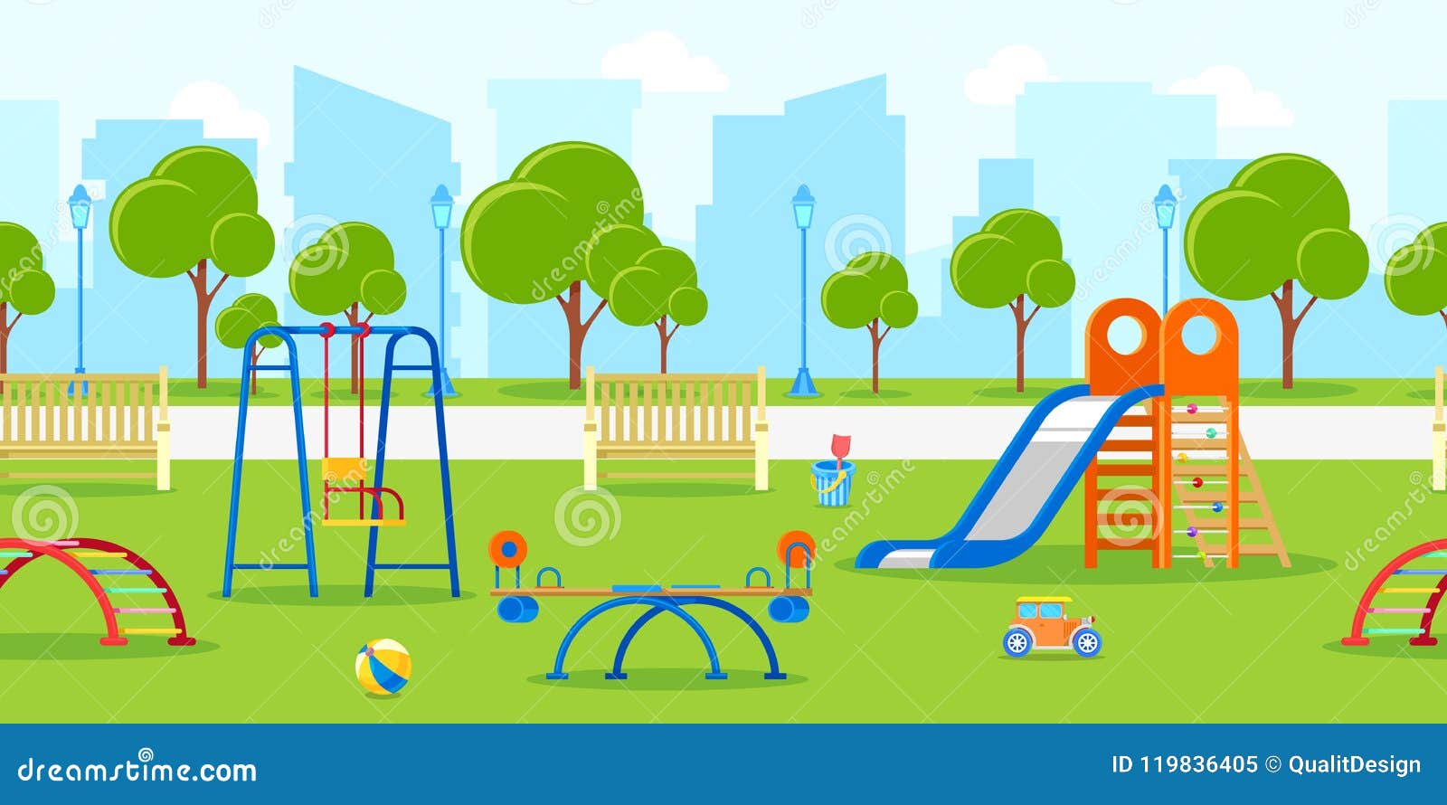 kindergarten or kids playground in city park.  horizontal seamless background. leisure and outdoor activities.