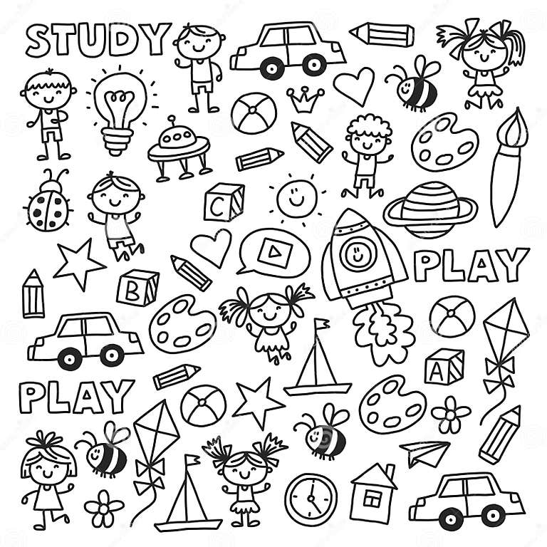 Kindergarten Nursery Preschool School Education with Children Doodle ...