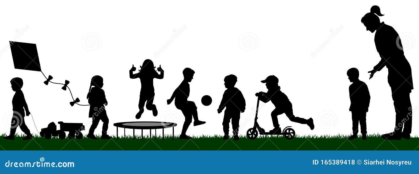 kindergarten with playing children. socialization of children. playground with kids silhouette . mom pushes her son to play