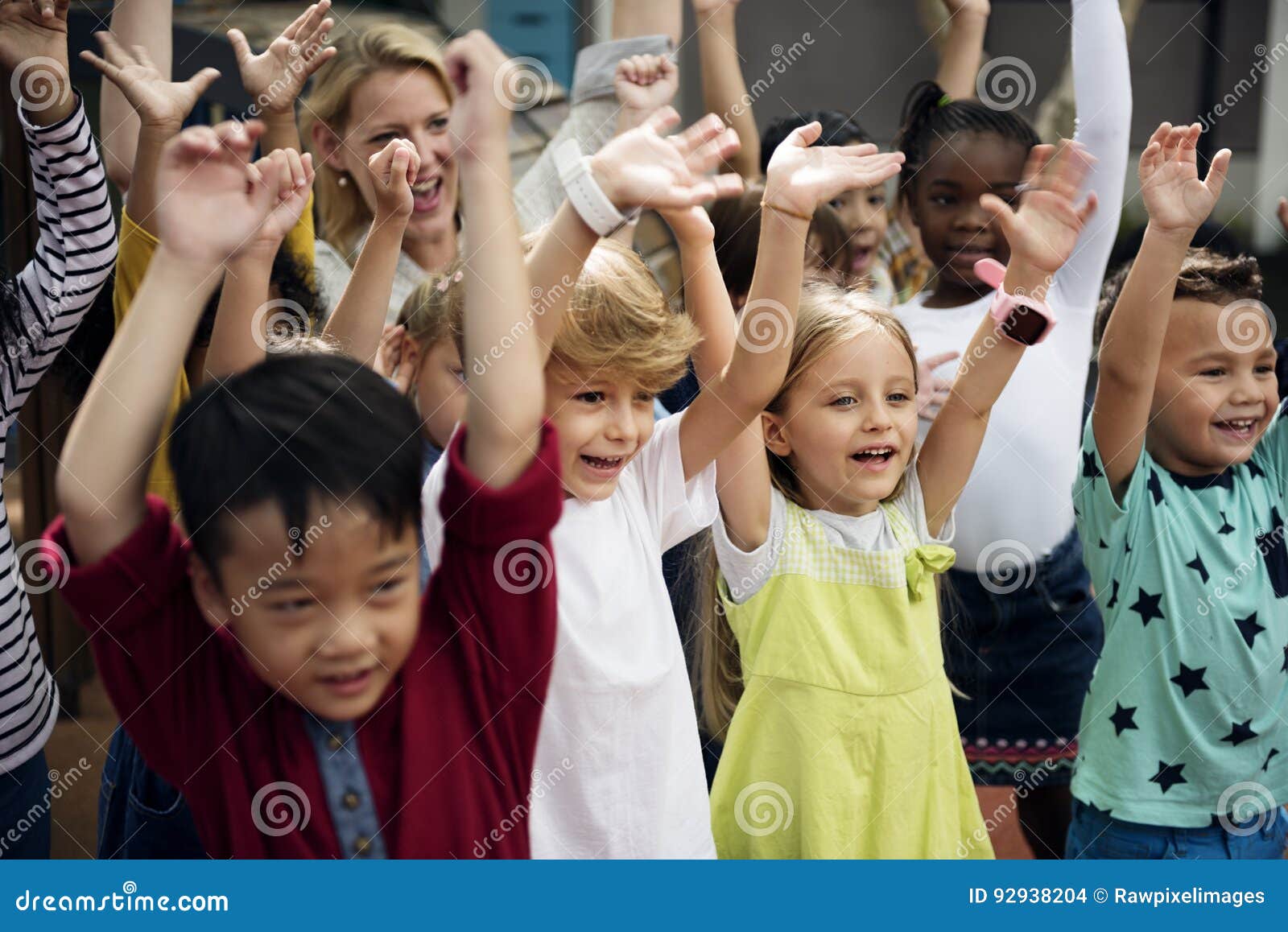 Kindergarten Students with Arms Raised Stock Photo Image of children