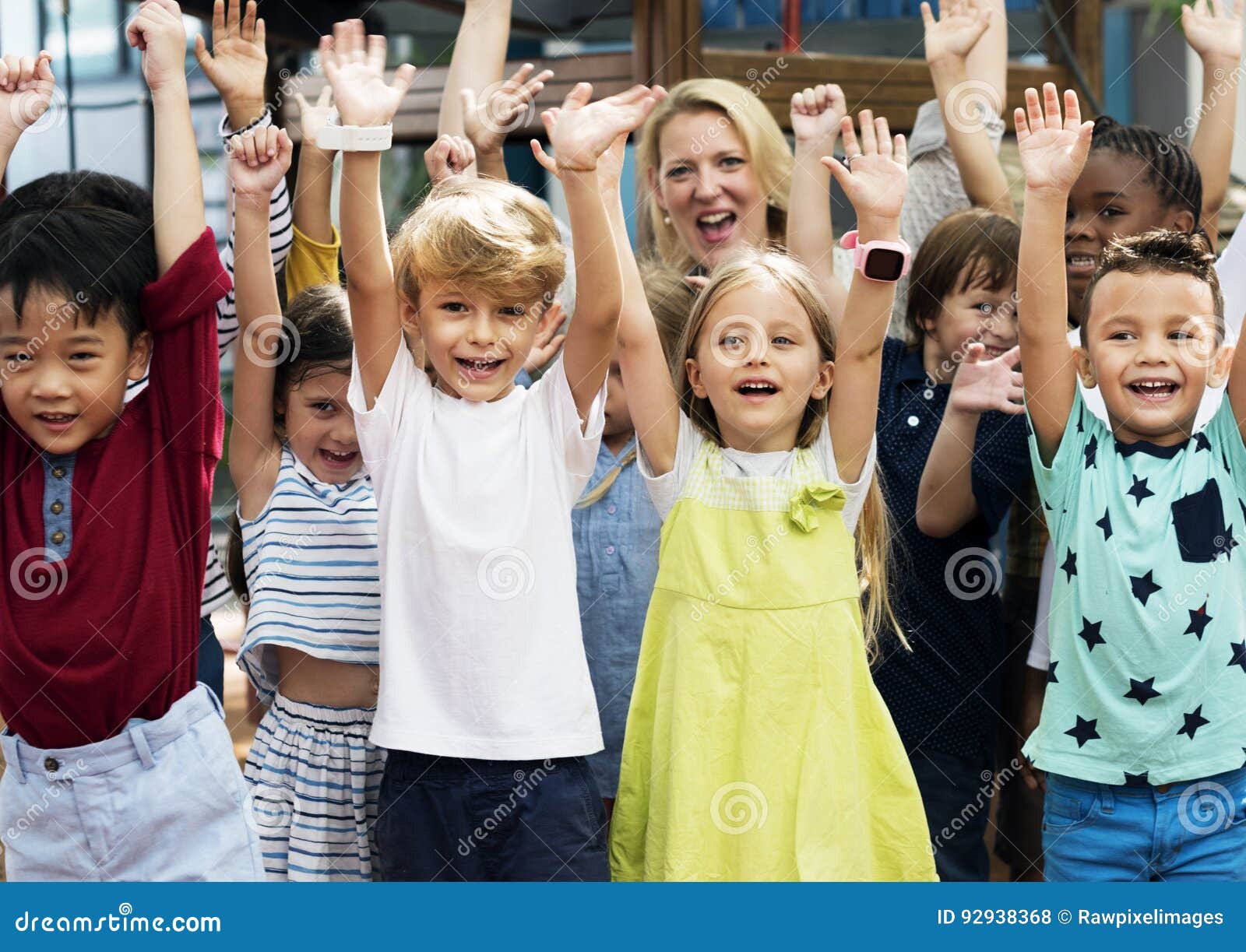 Kindergarten Students with Arms Raised Stock Photo Image of leisure
