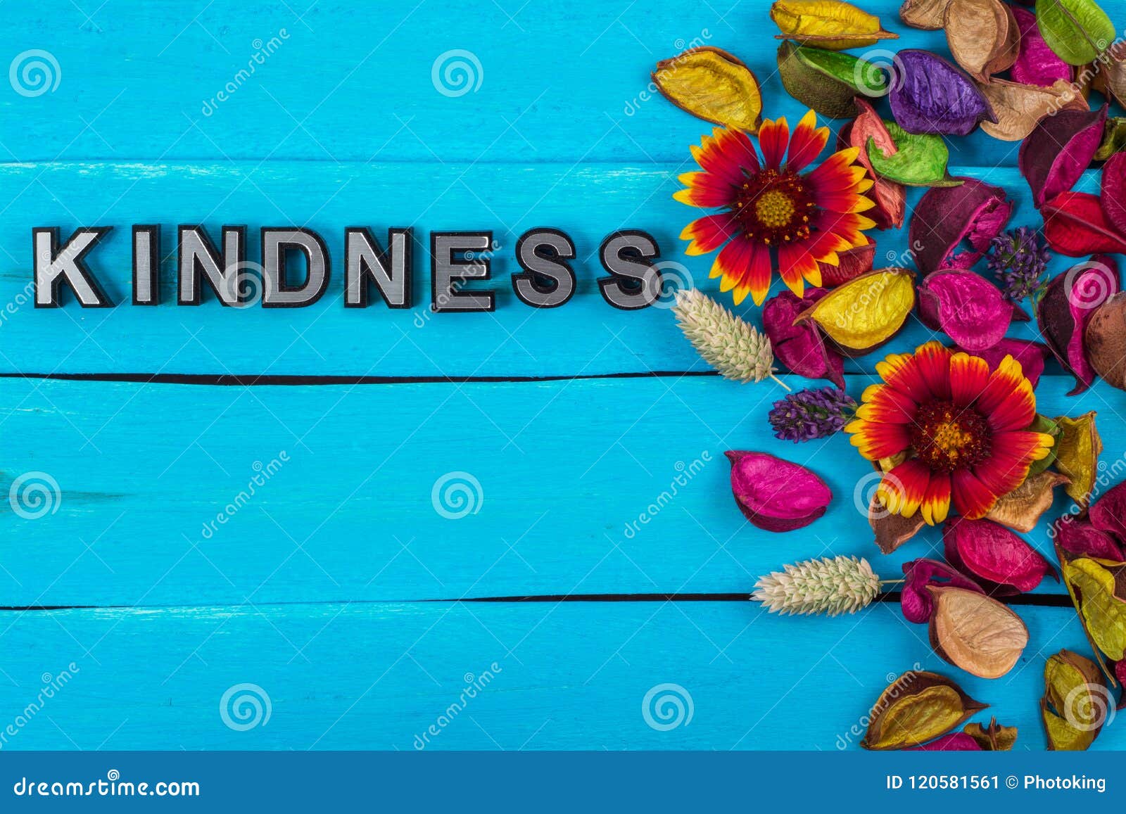 kindness word on blue wood with flower
