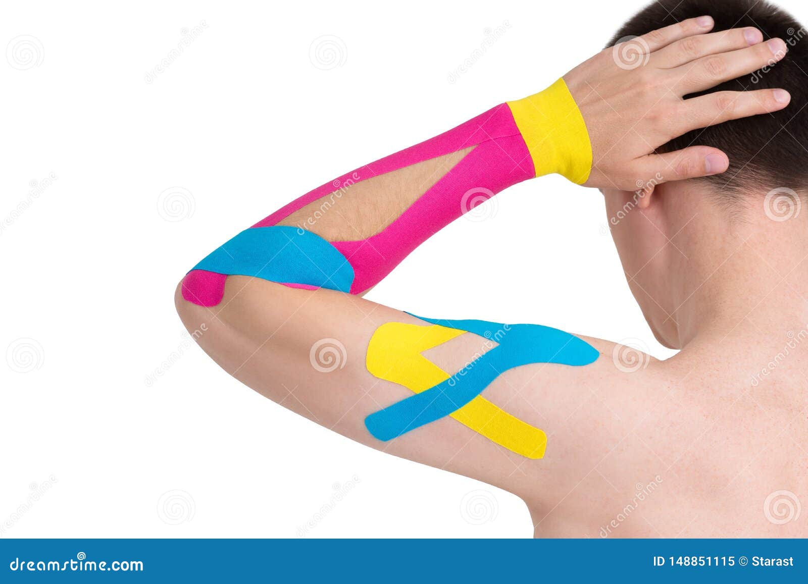 Kinesiology Taping on Human Hand, Isolated on White Background Stock