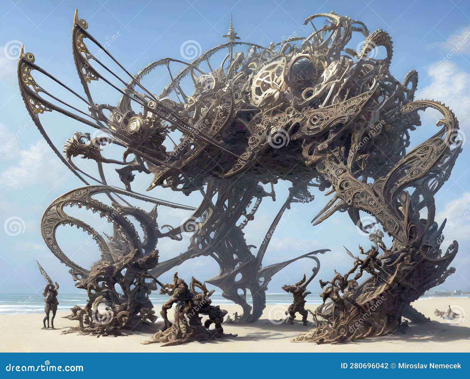 Sculpture Propelled by Wind on Beach, Generative AI