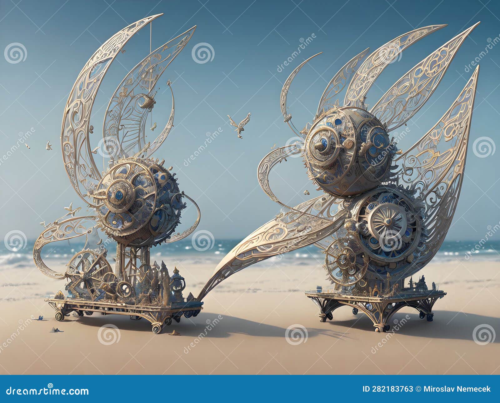 Sculpture Propelled by Wind on Beach, Generative AI