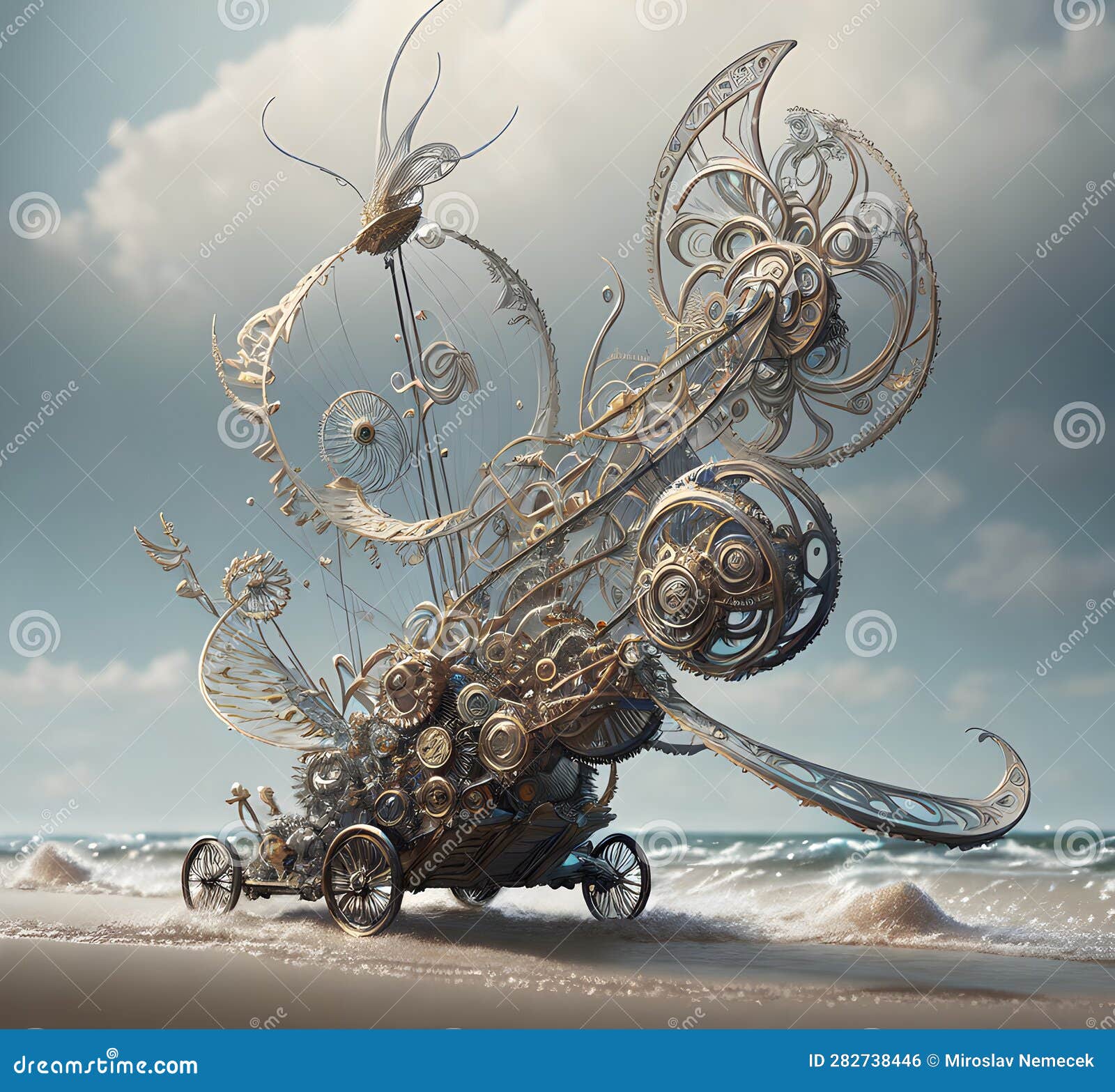 Sculpture Propelled by Wind on Beach, Generative AI