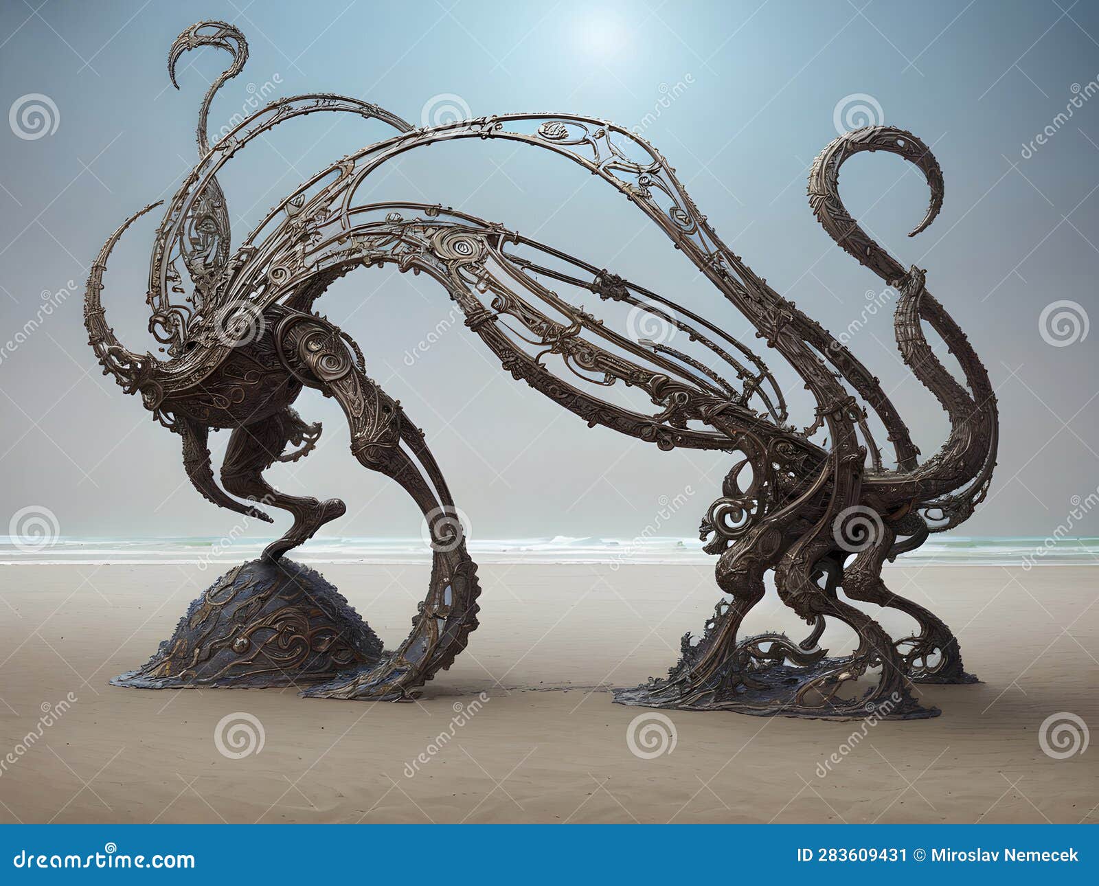 Sculpture Propelled by Wind on Beach, Generative AI