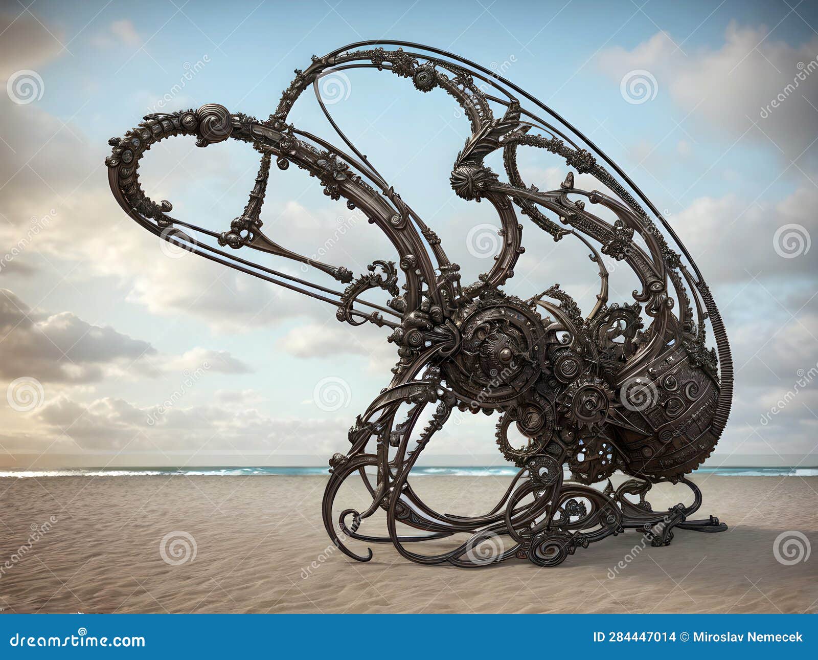 Sculpture Propelled by Wind on Beach, Generative AI