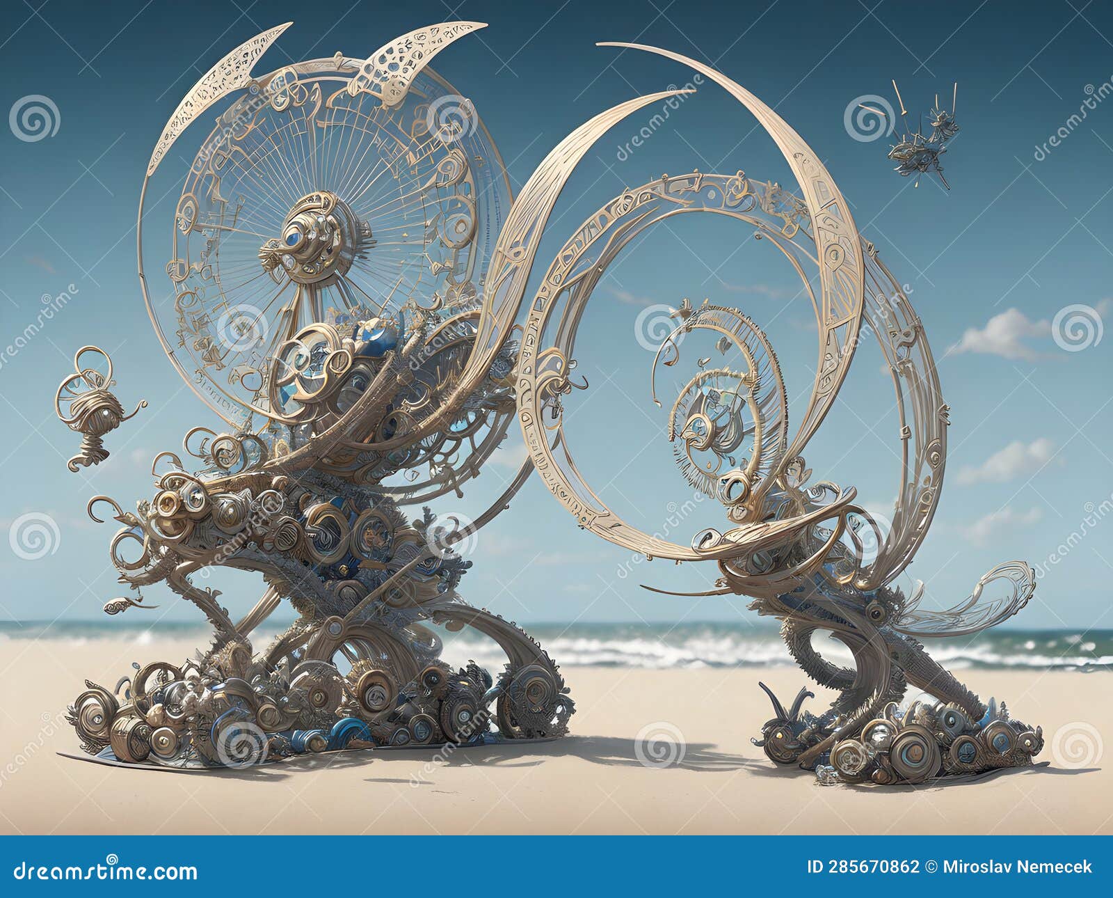 Sculpture Propelled by Wind on Beach, Generative AI