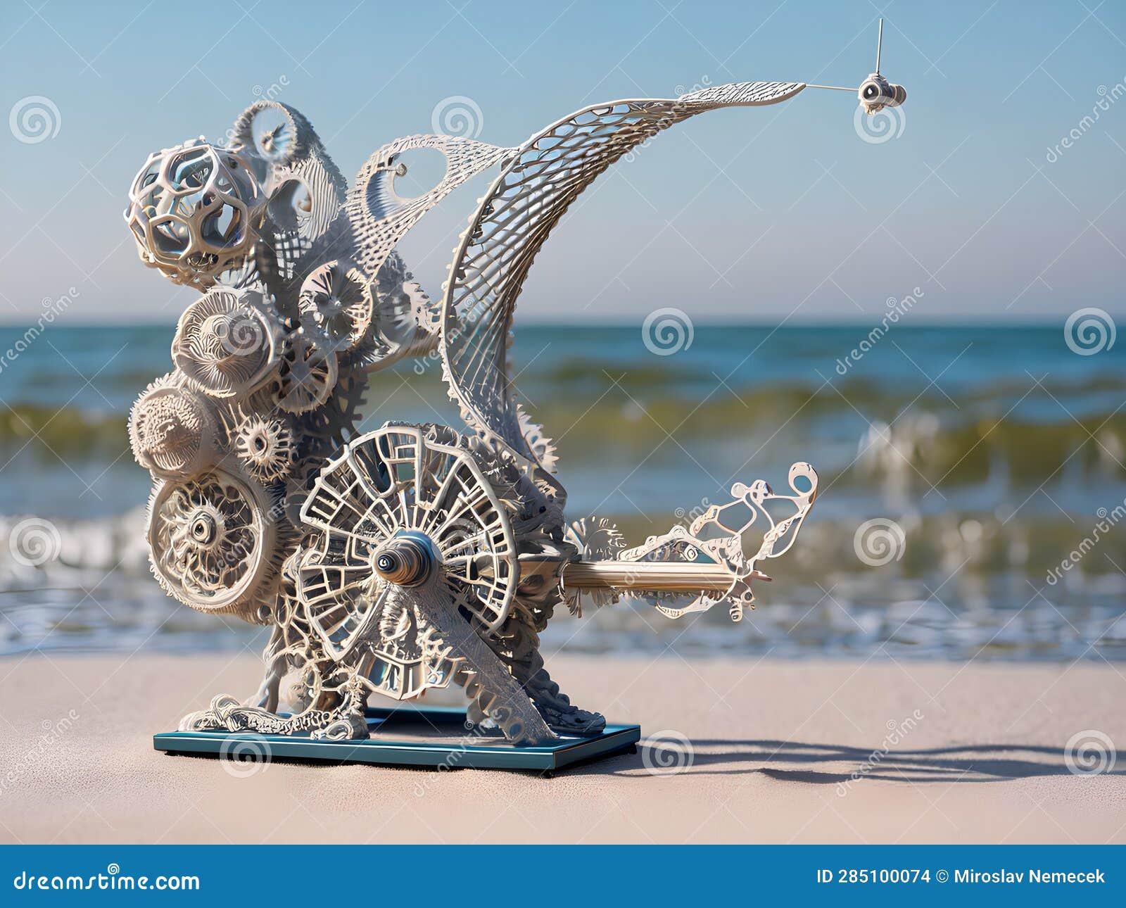 Sculpture Propelled by Wind on Beach, Generative AI