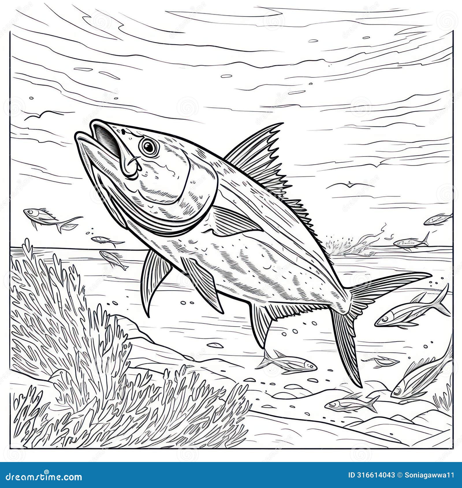 King Mackerel Drawing Coloring Book Page Stock Illustration