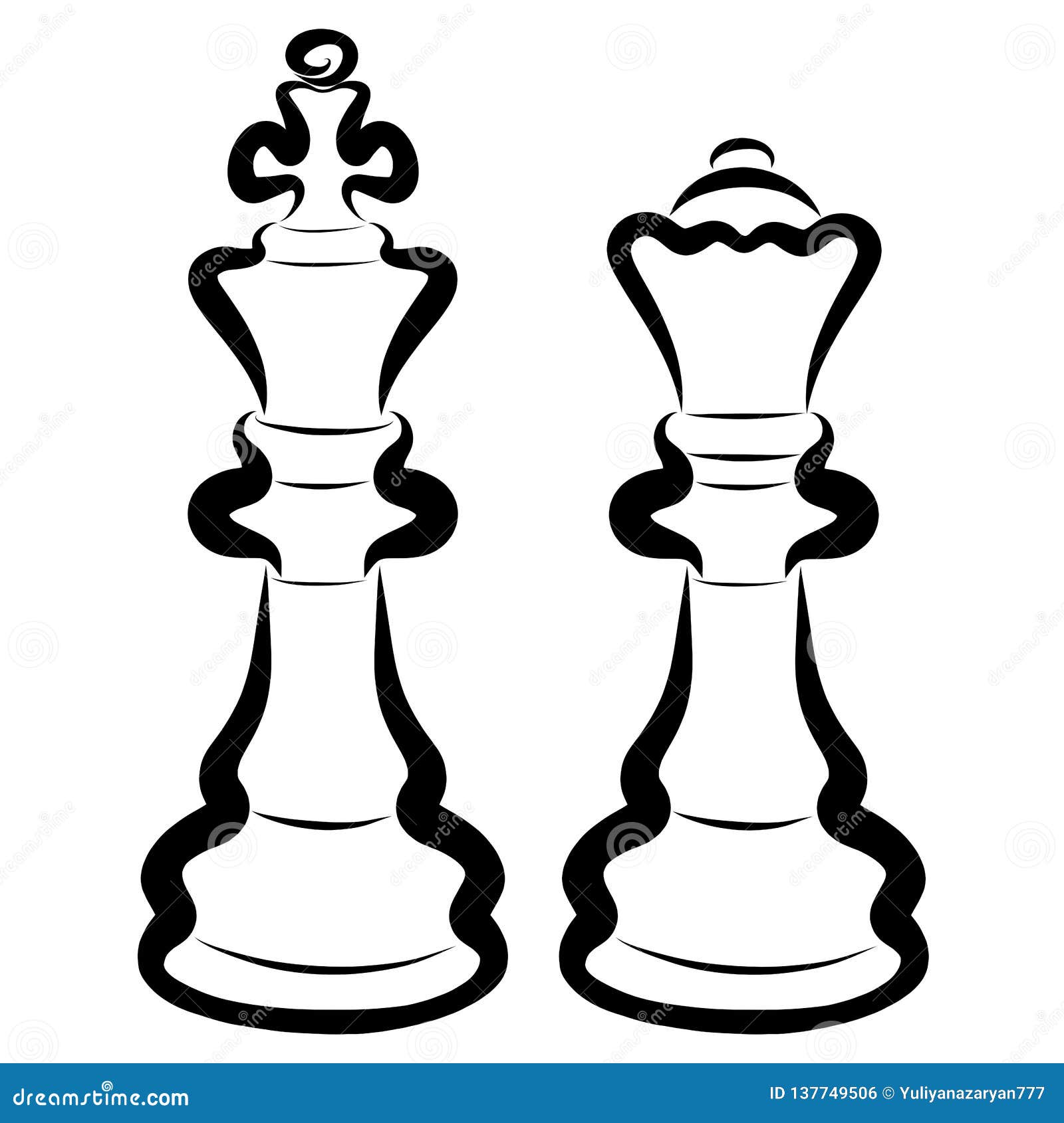 King and Queen, Two Black Chess Pieces on a White Background Stock