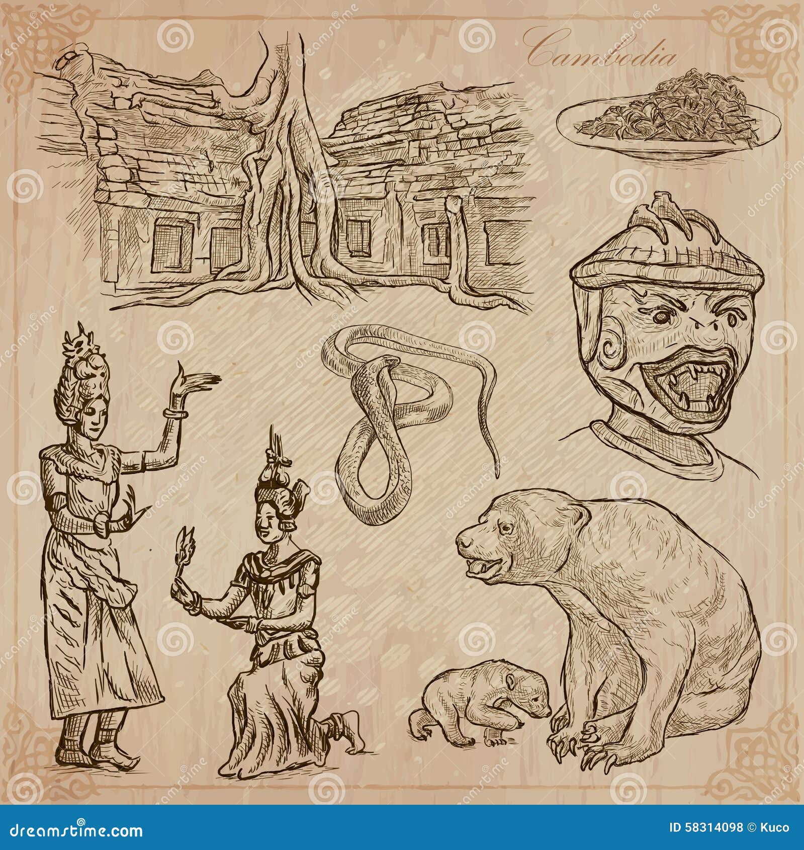 Kingdom of Cambodia Hand Drawn Vector Pack Stock Vector