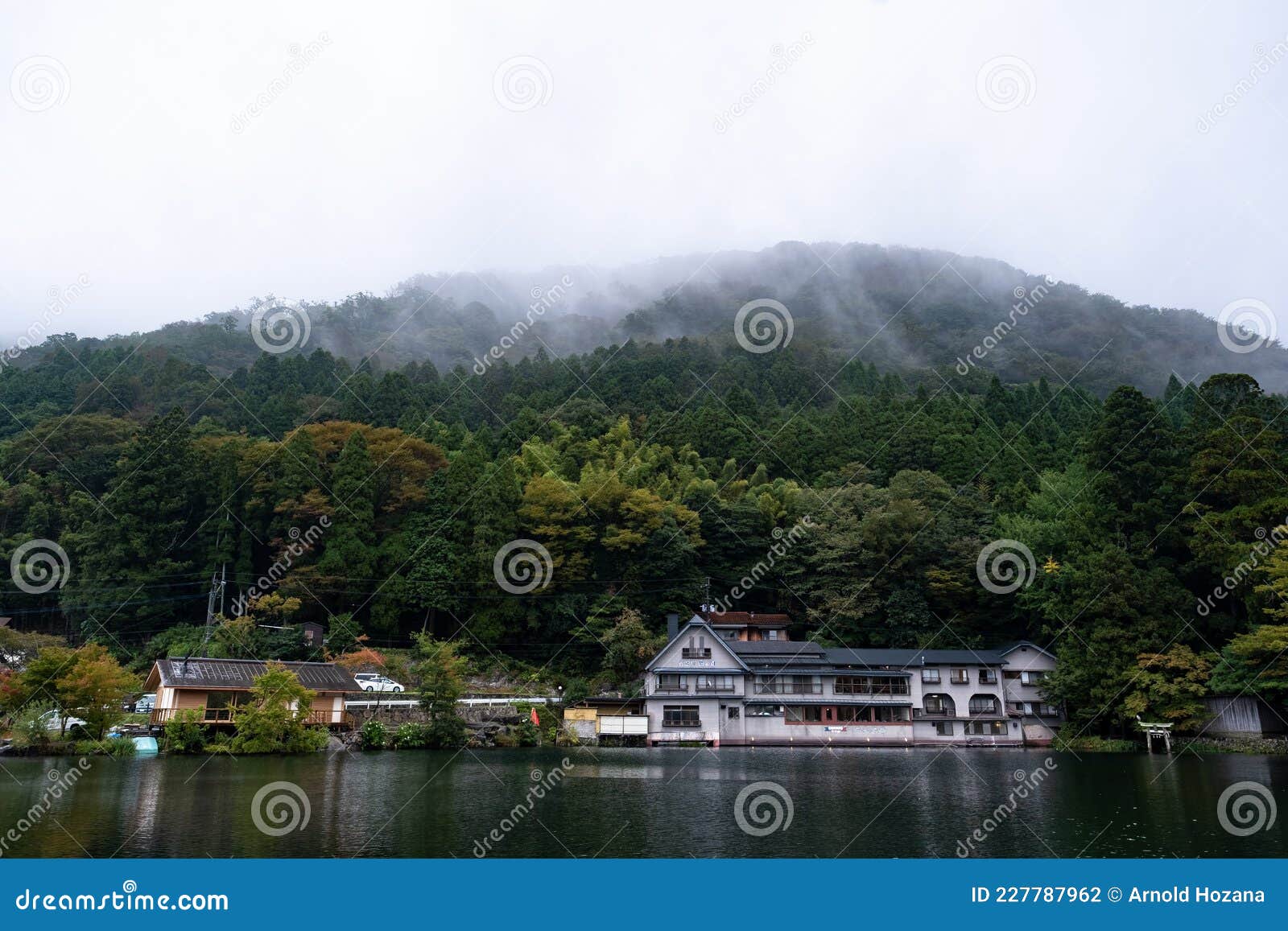 kinrin lake of yufuin, japan on a foggy day