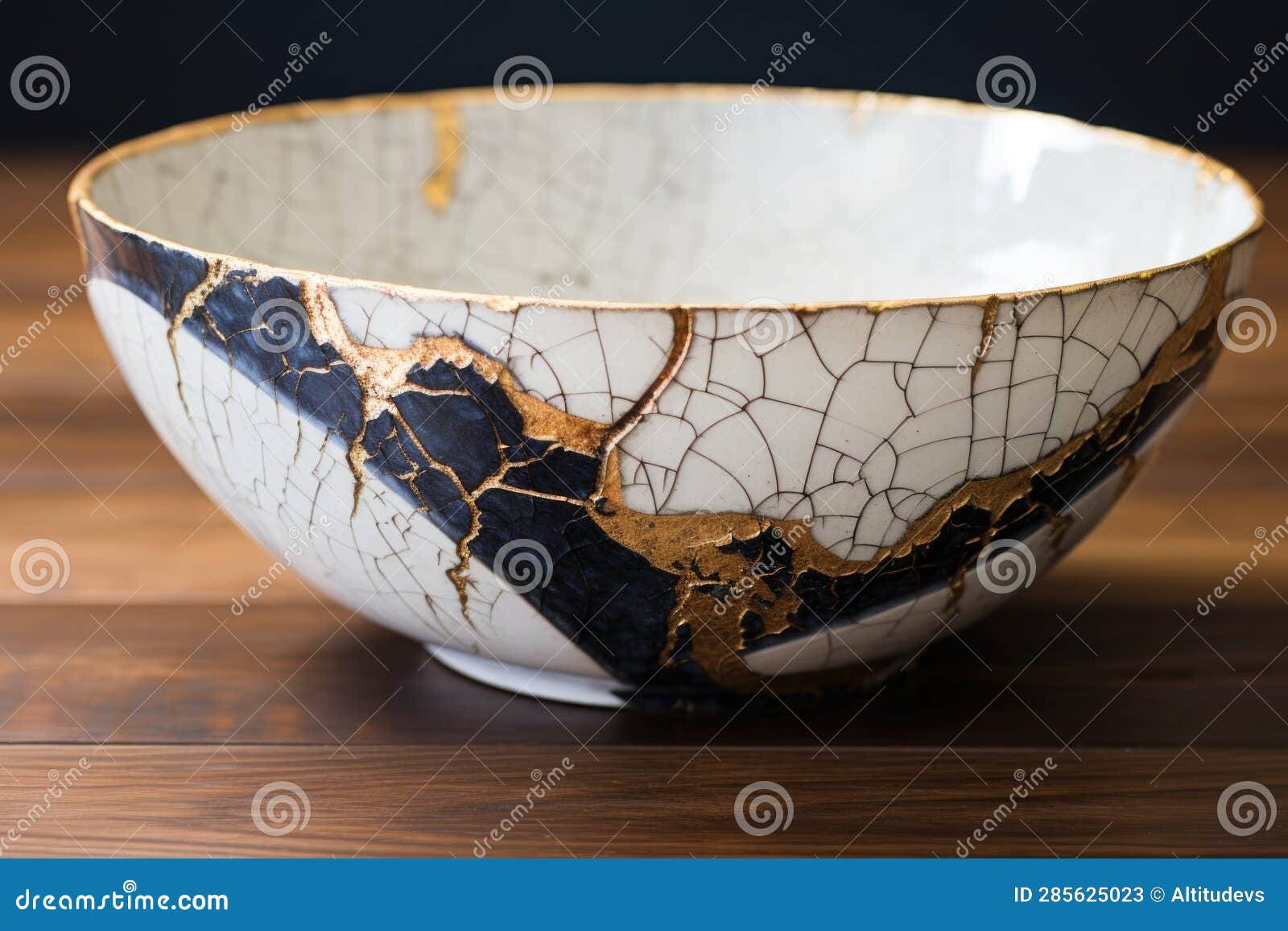 Kintsugi Repaired Ceramic Bowl on Wooden Surface Stock Image Image of