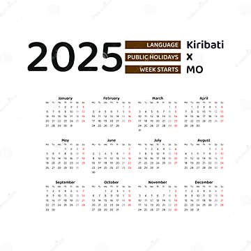 Kiribati Calendar 2025. Week Starts from Monday. Vector Graphic Design