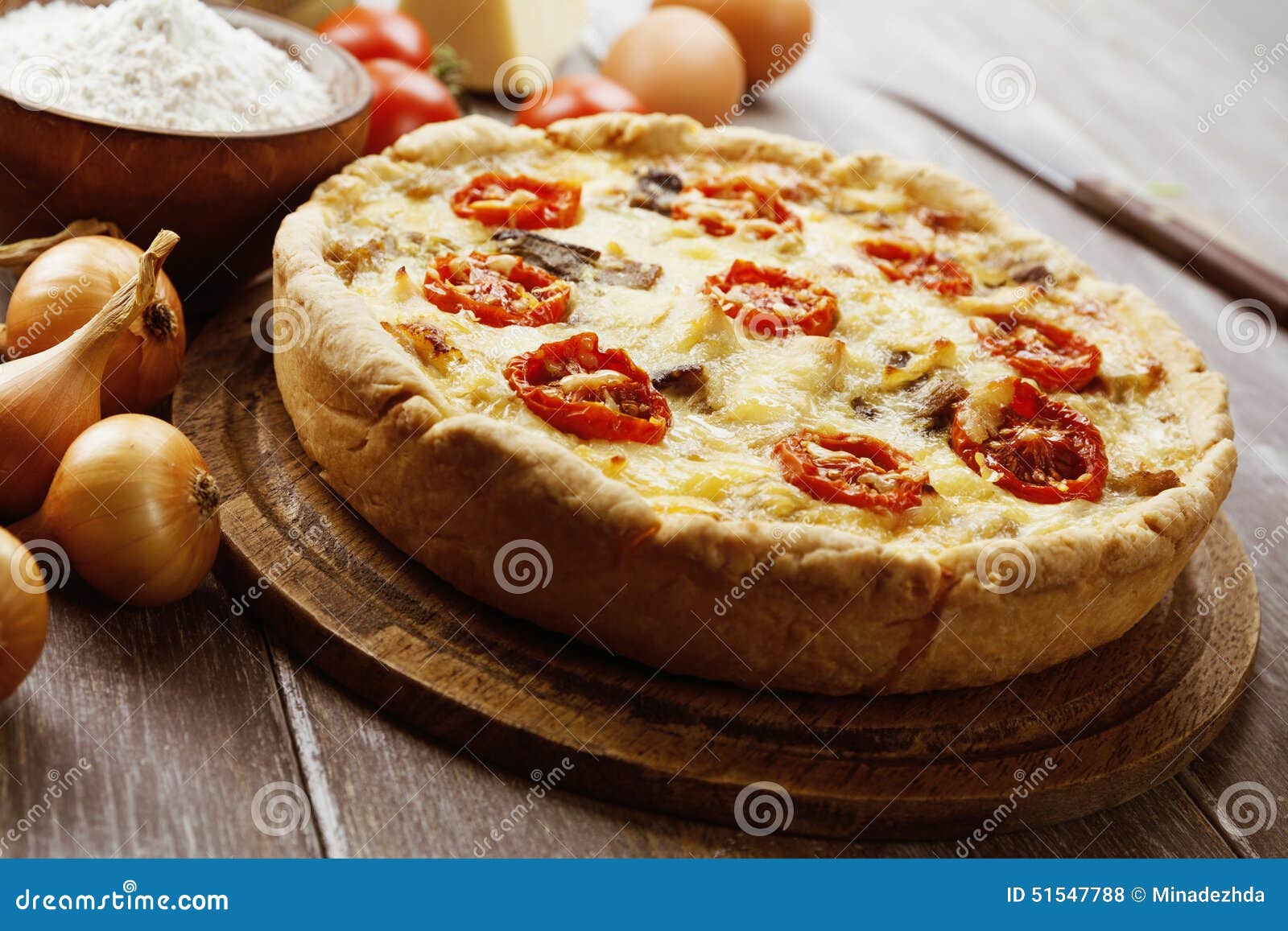 Kish with Chicken, Mushrooms and Cherry Tomatoes Stock Photo - Image of ...