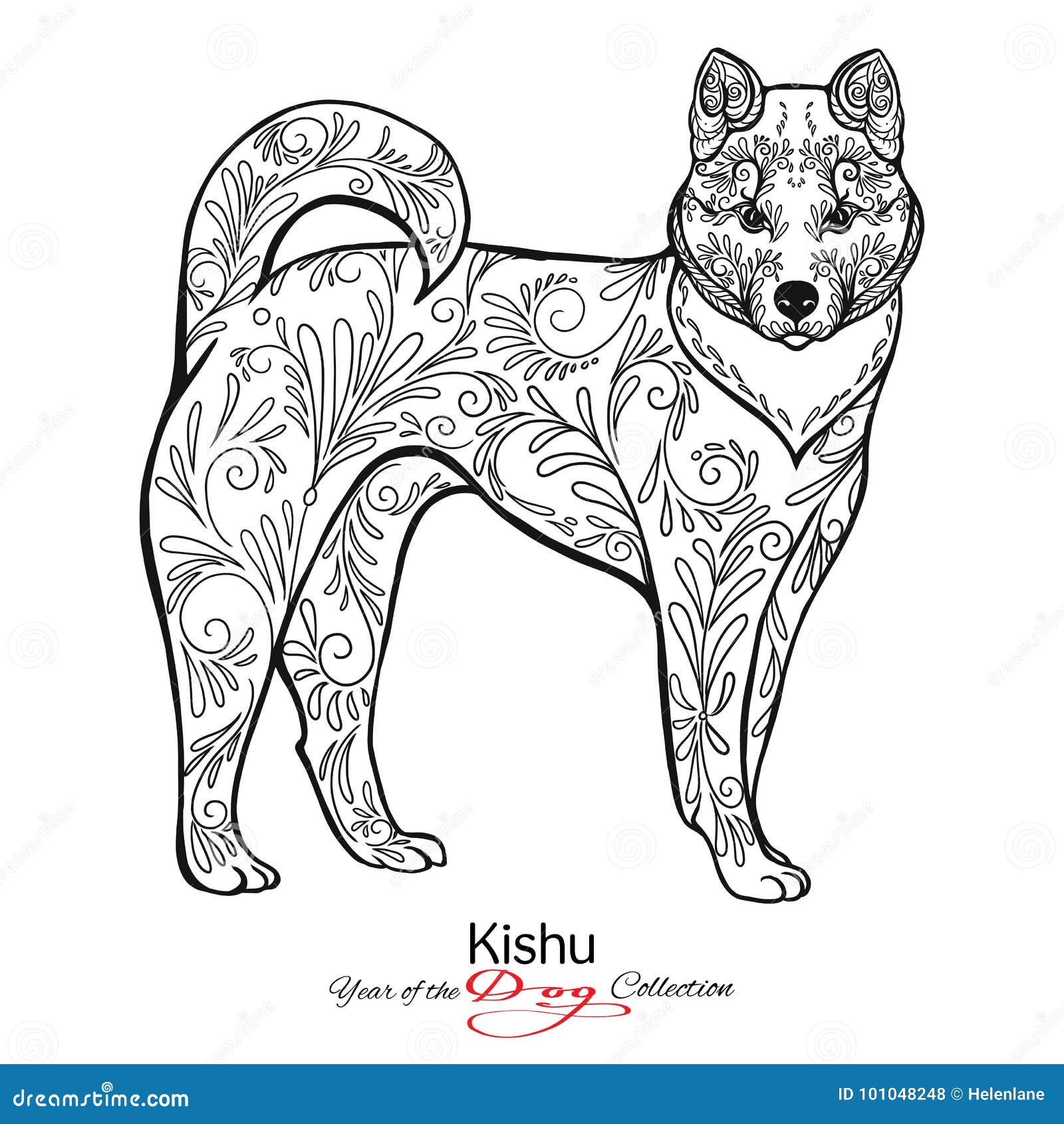 Kishu Zwart-witte Grafische Tekening Van Een Hond Vector Illustratie - Illustratie bestaande uit ...