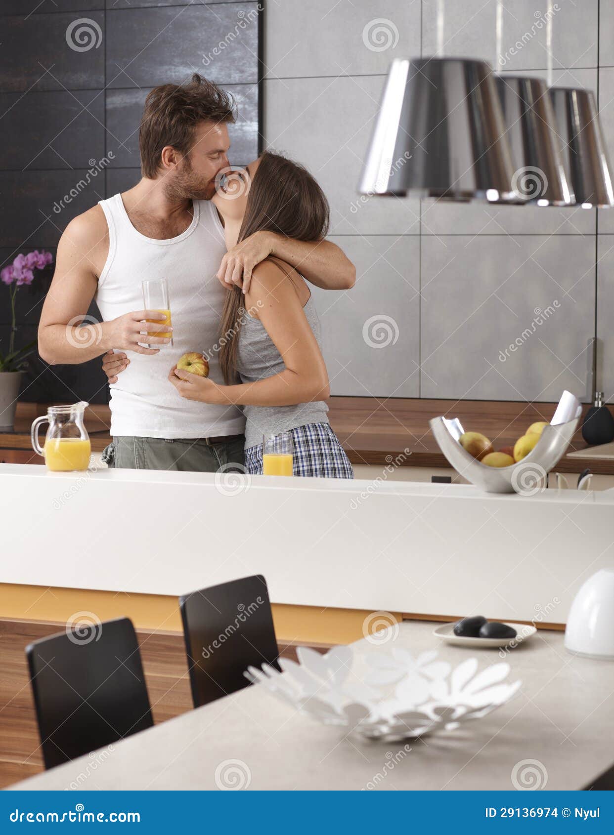 Kissing Couple in the Kitchen in the Morning Stock Photo Image of