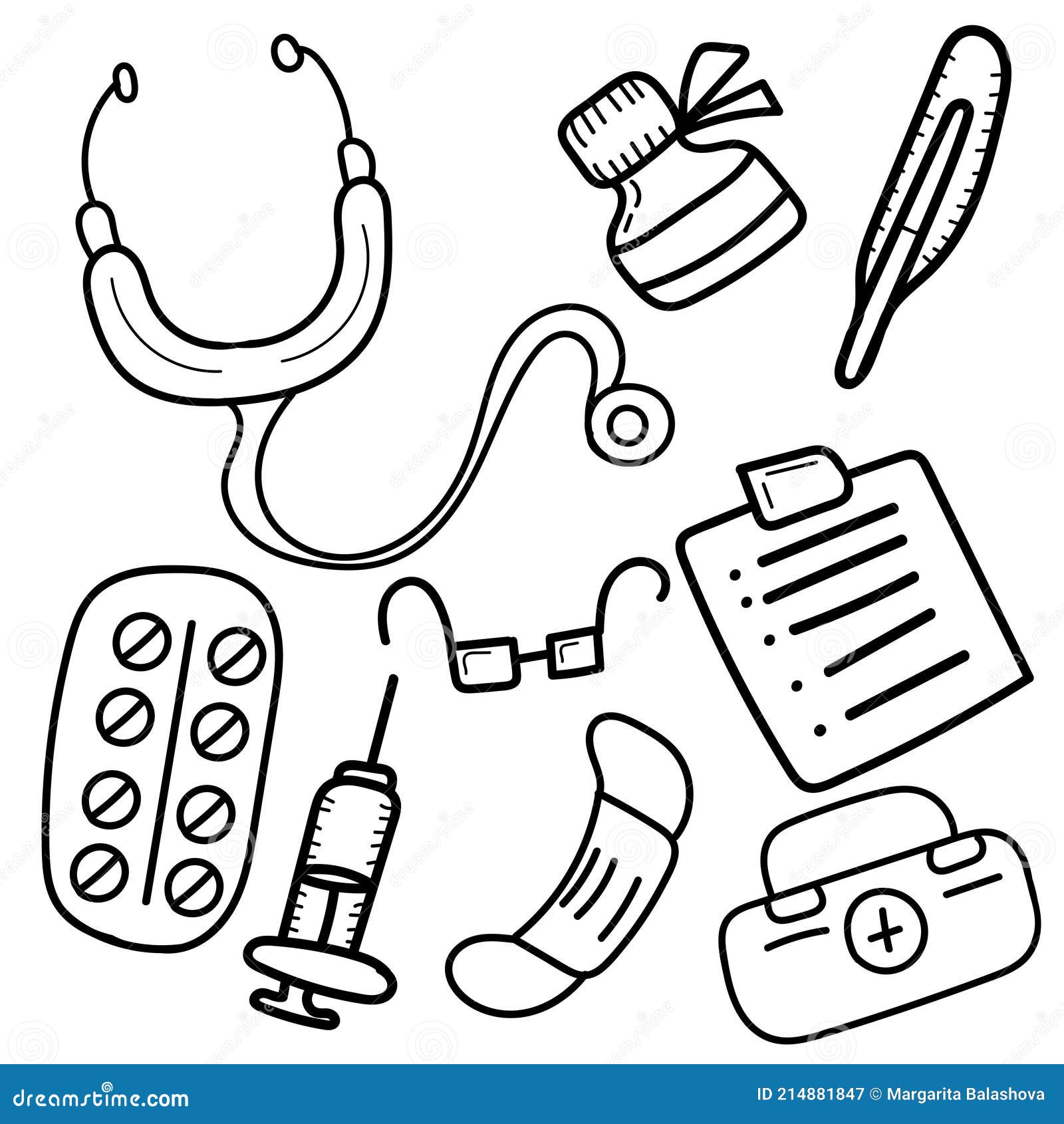 Desenho de página para colorir de instrumentos médicos. Logotipo