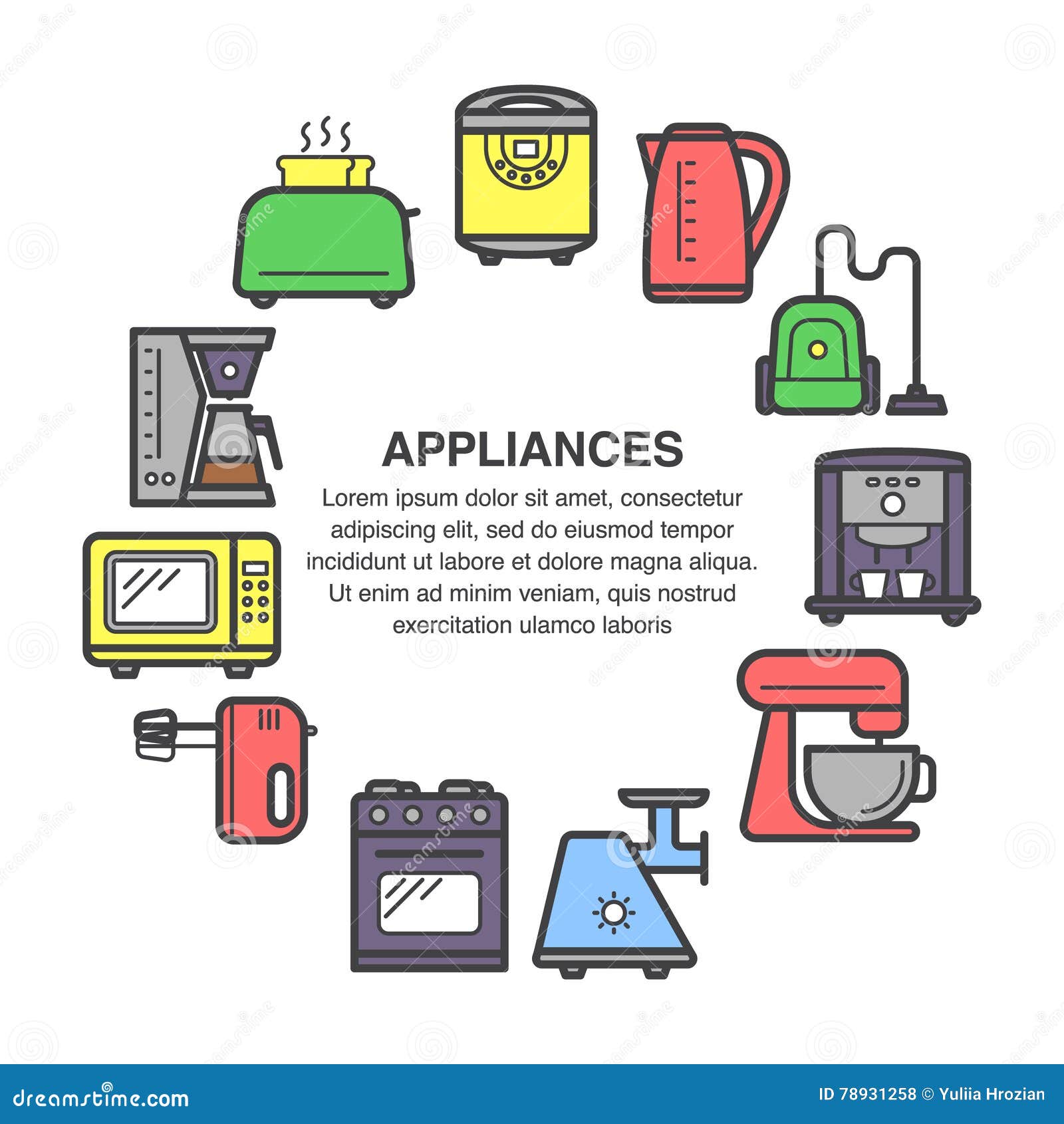 Kitchen Appliances Icons in a Circle Composition Made in Flat Style