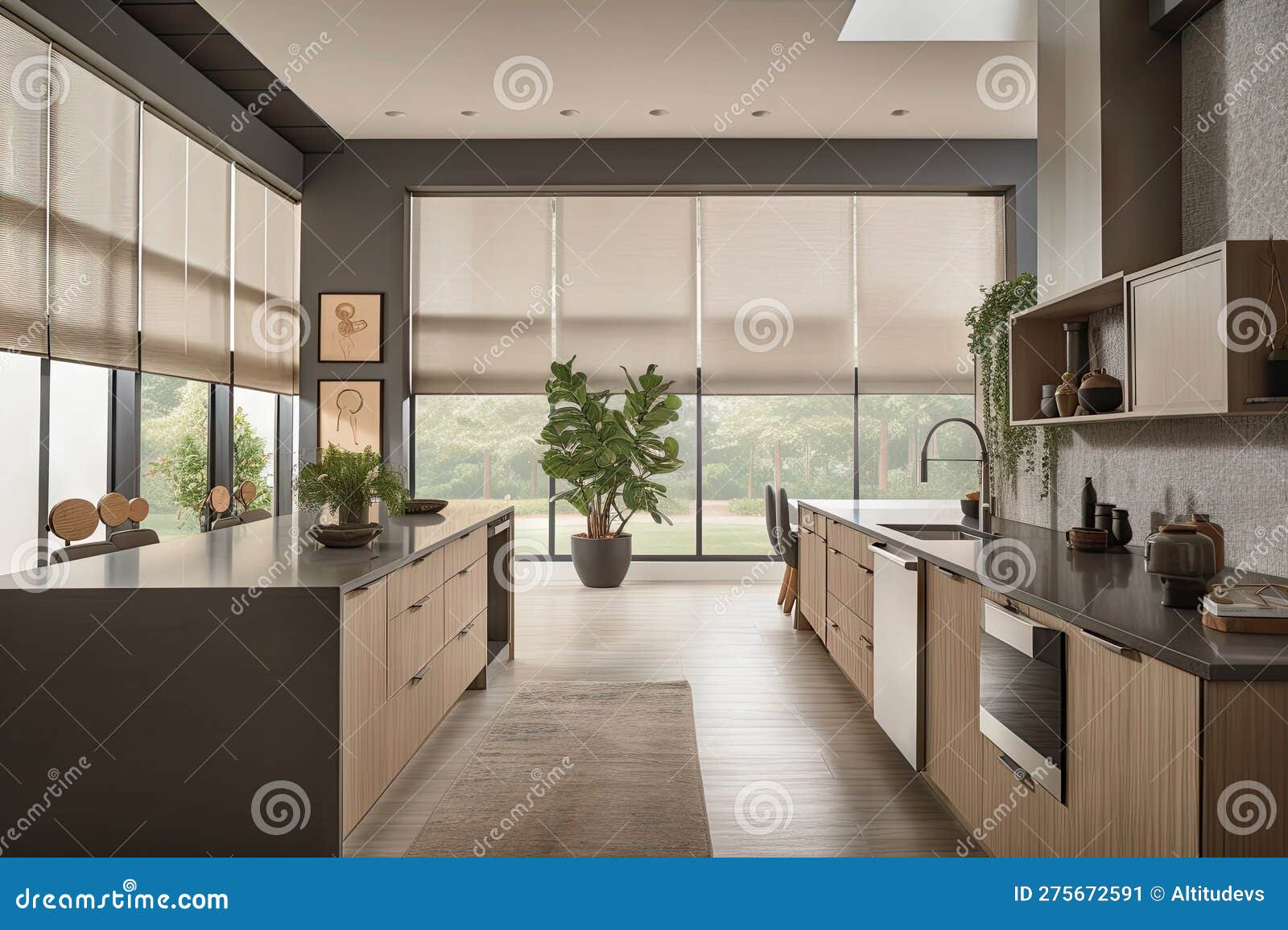 kitchen with automated blinds and custom window treatments that match cabinets