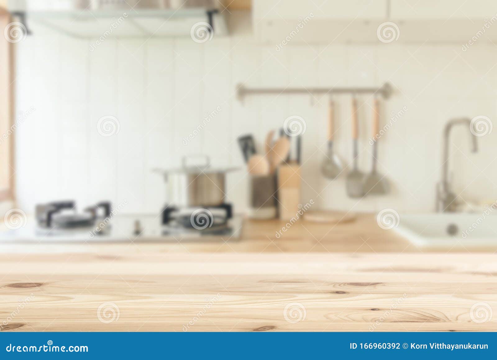 Kitchen Background Blur with Wooden Top Table Clean White for ...