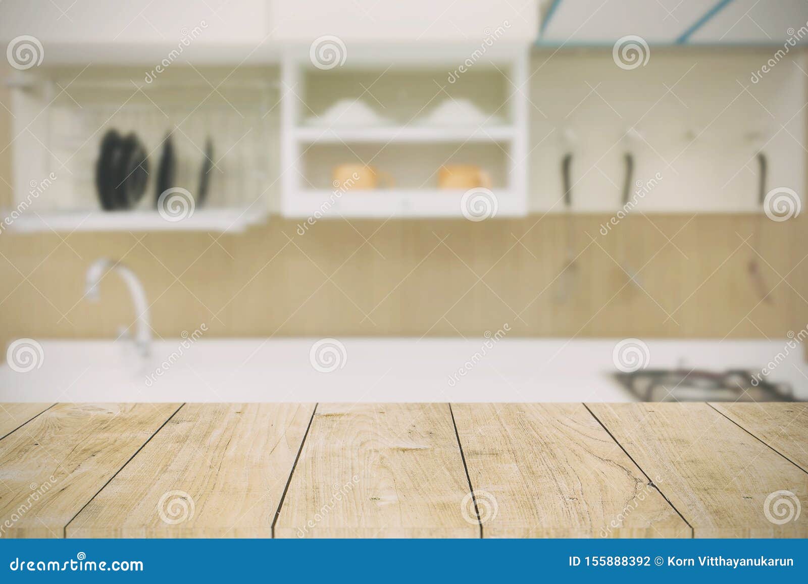 Kitchen Background with Wooden Table Top in Modern Home Stock Photo ...