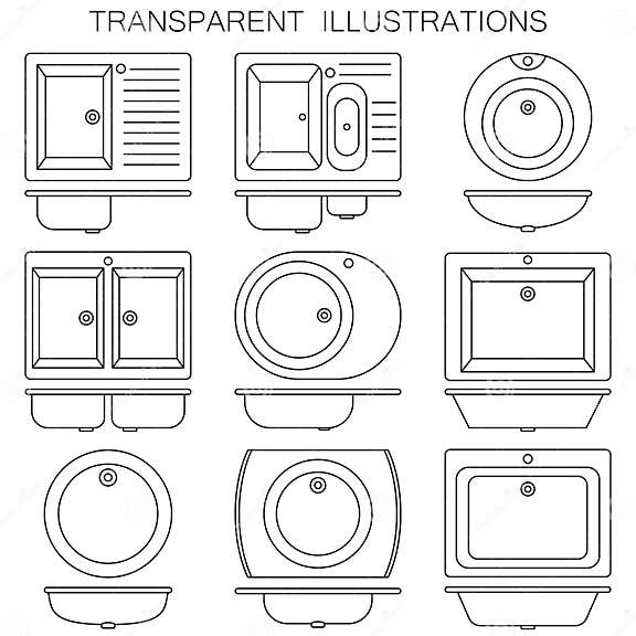 Kitchen and Bathroom Sinks Set. Vector Illustrations. Transparent and ...