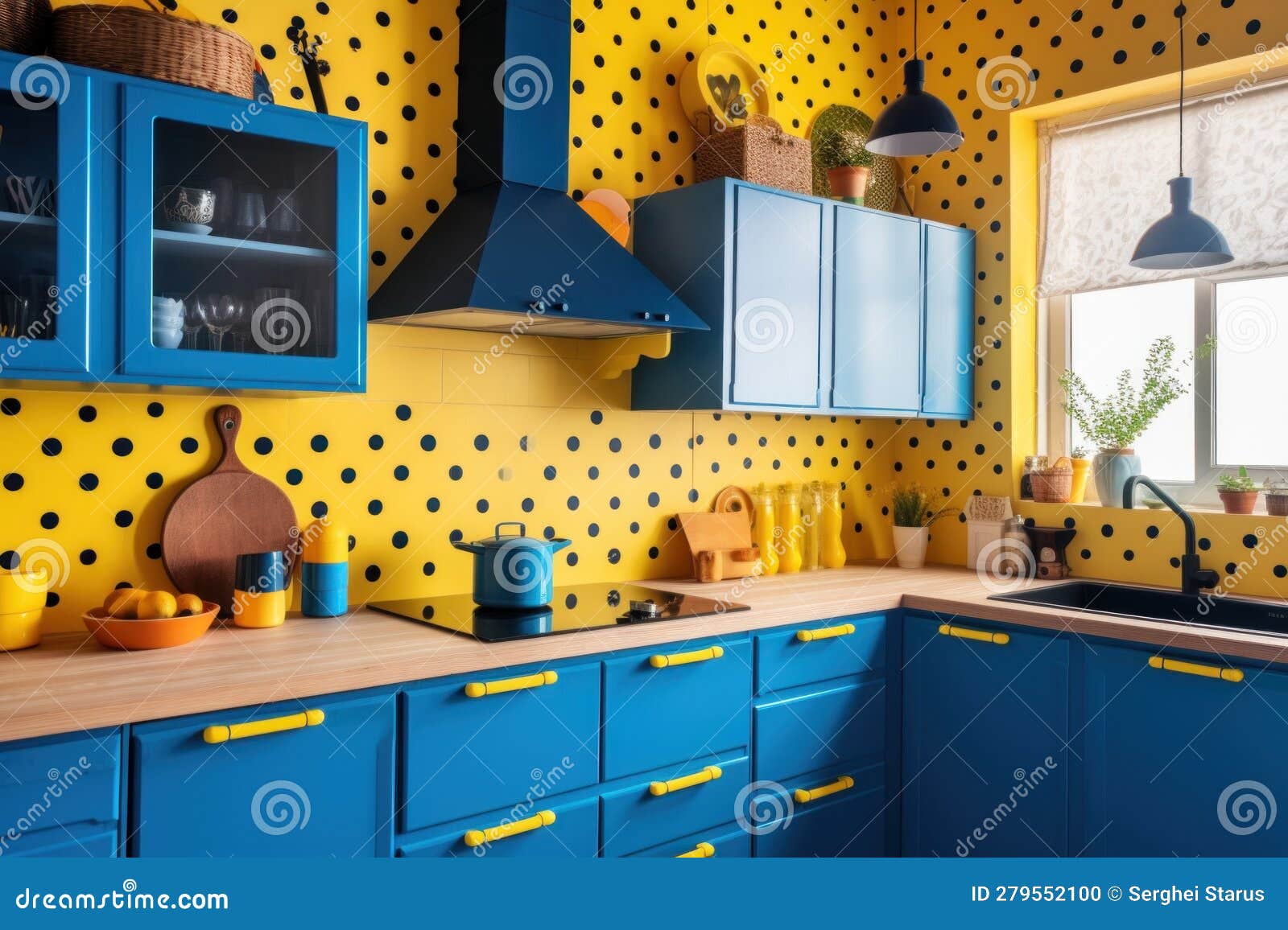 A Kitchen with Blue and Yellow Walls. Generative AI Image