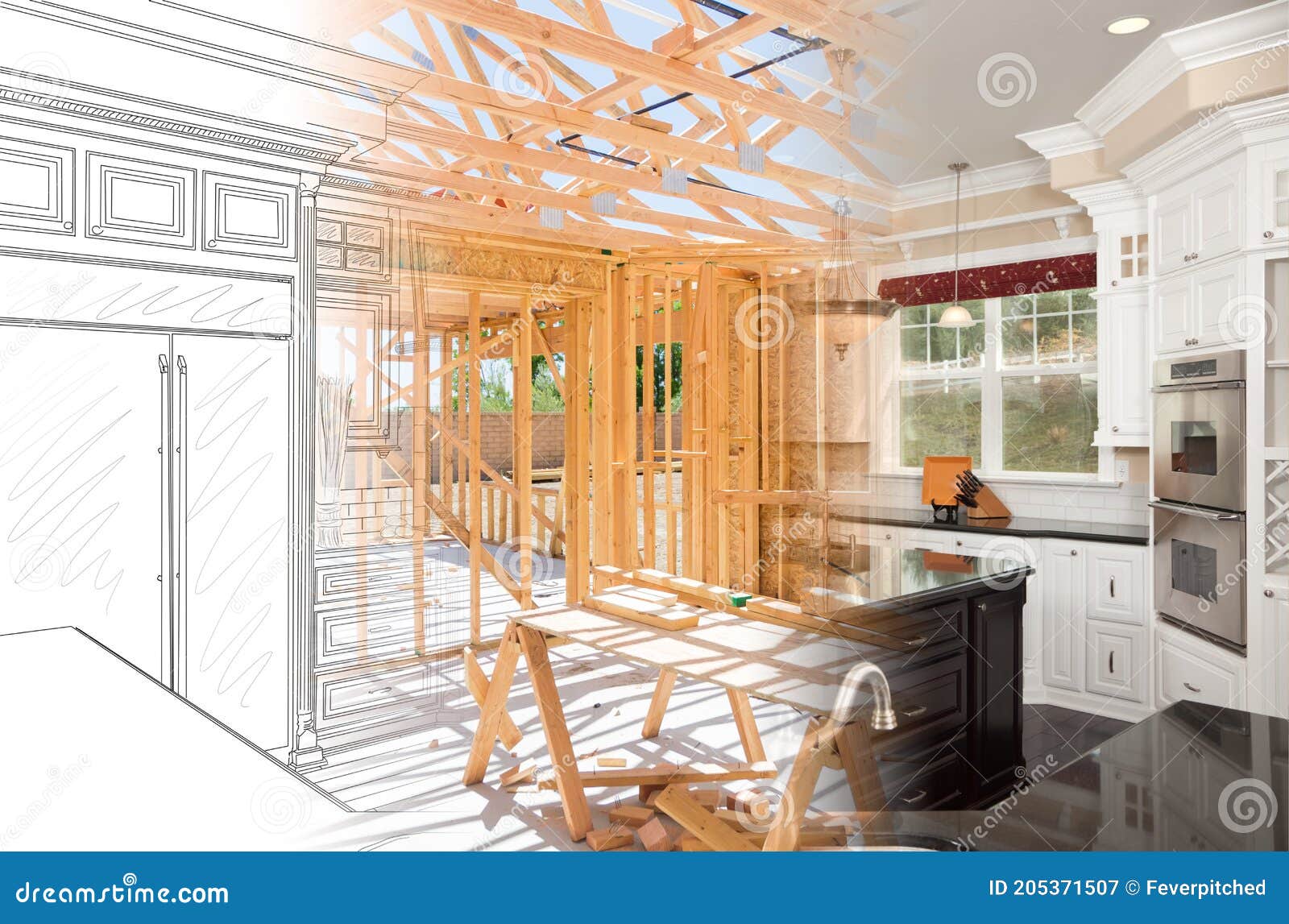 kitchen blueprint drawing gradating into house construction framing then into finished build