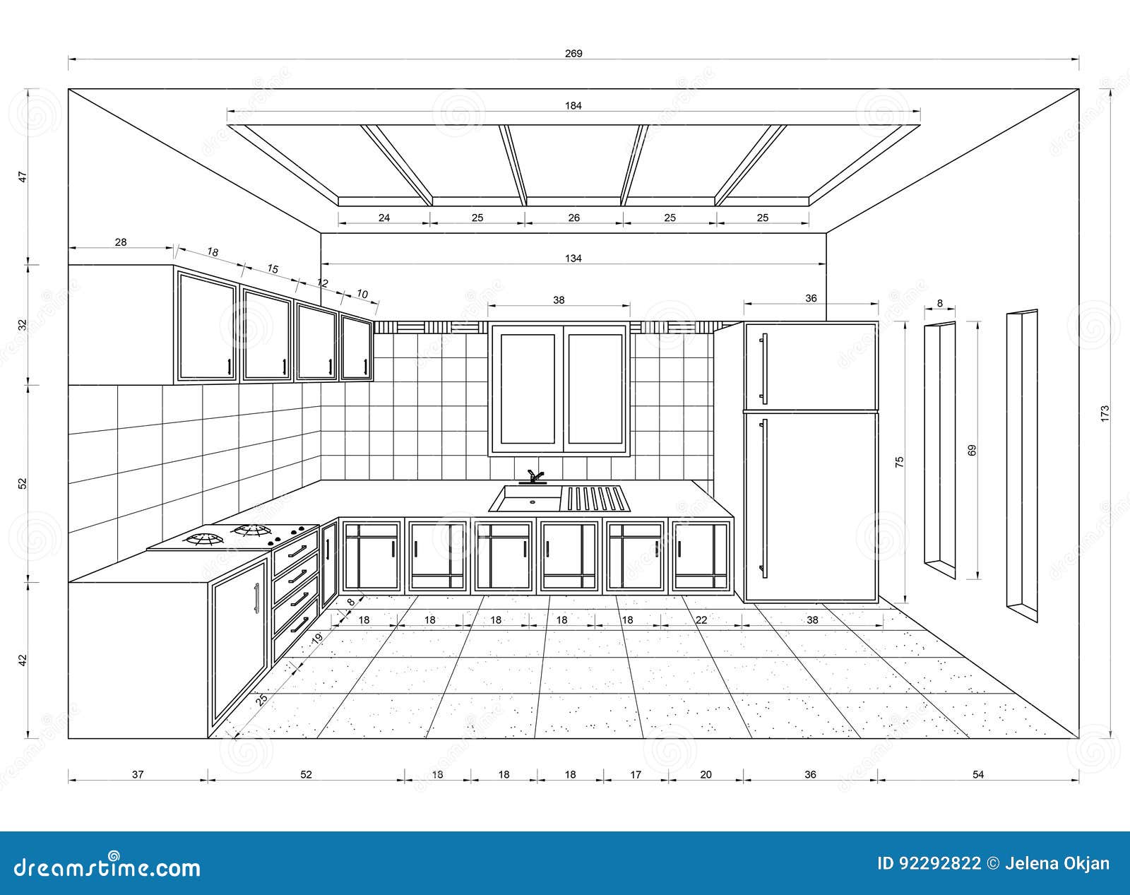 Kitchen Blueprint 3D Perspective Stock Illustration Illustration of