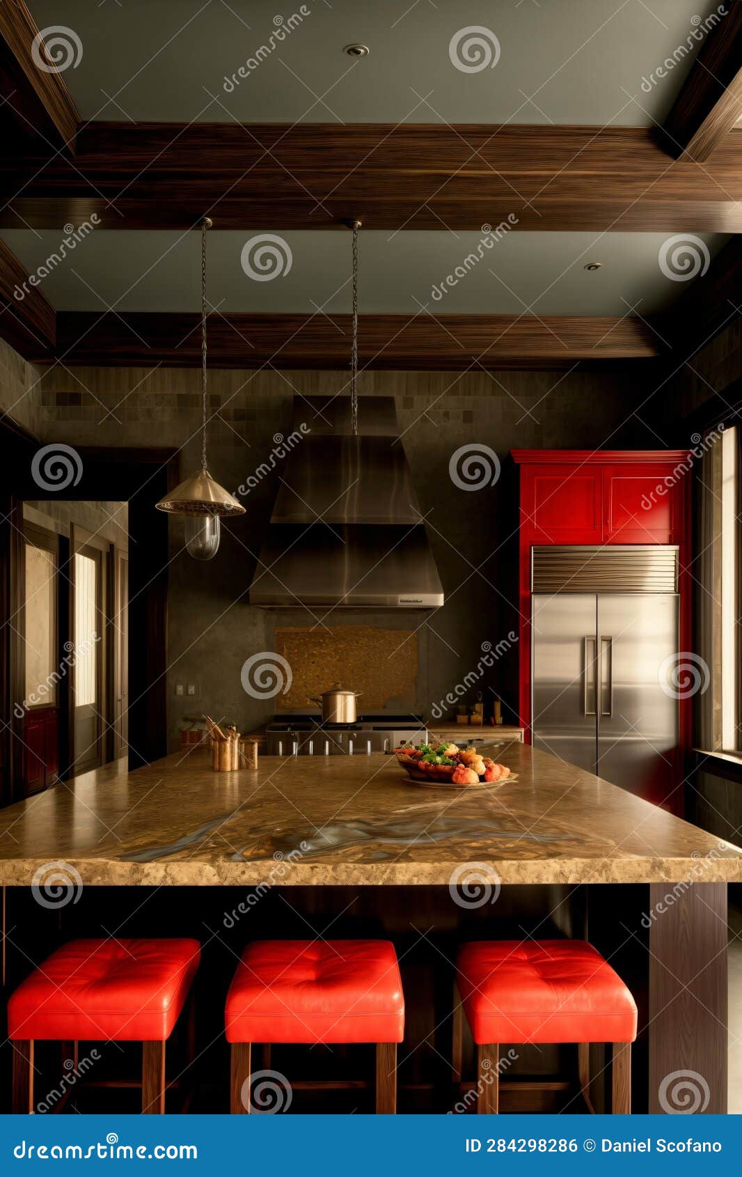 A Kitchen with a Center Island and Red Stools. Generative AI Stock