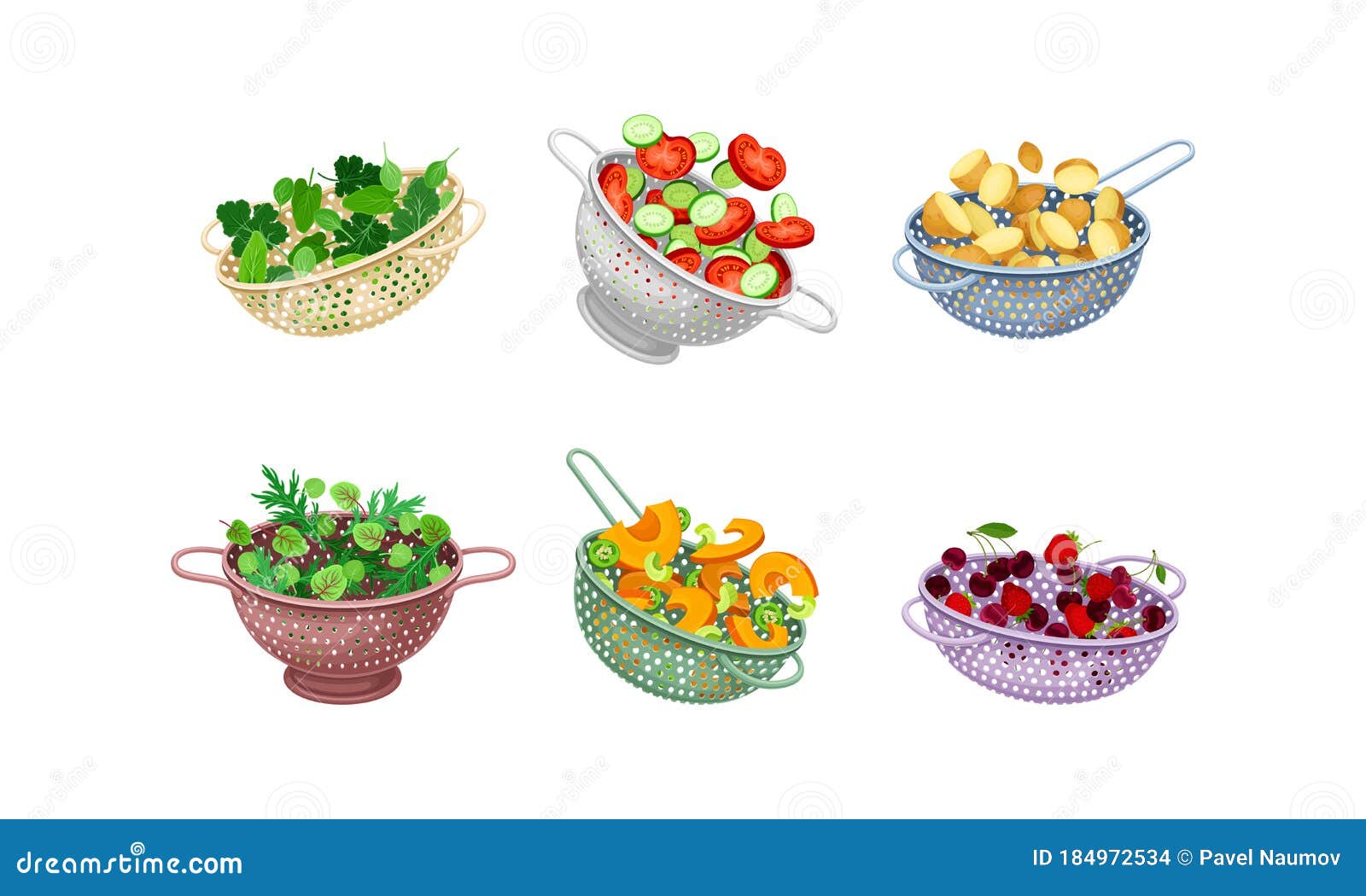 Kitchen Colanders or Strainers with Vegetables and Greenery Vector Set