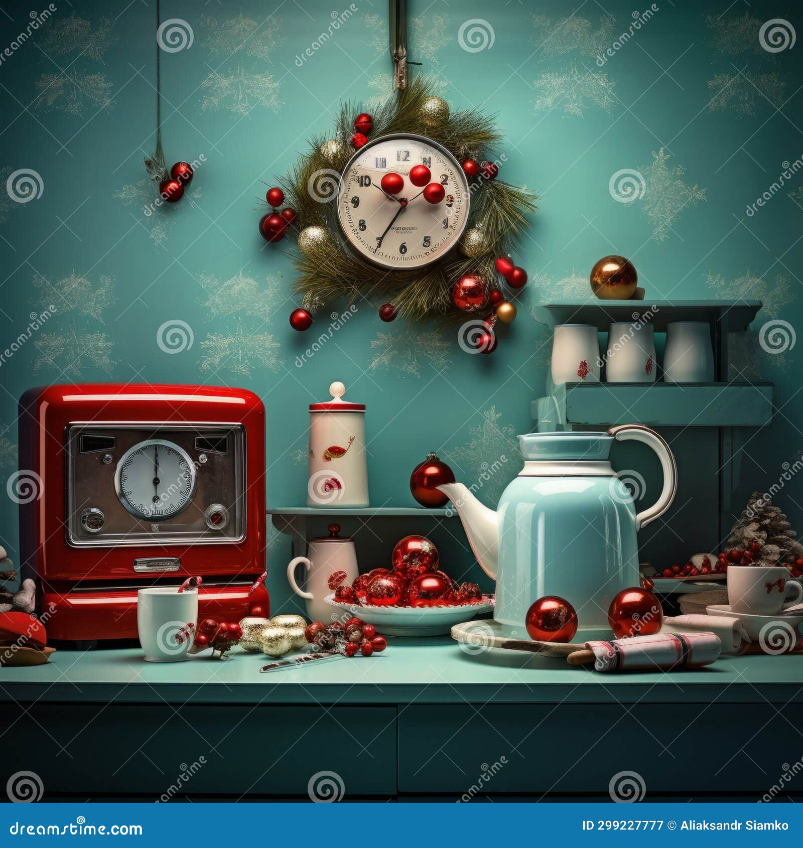 A Kitchen Counter with a Clock and a Teapot and a Tea Kettle Stock