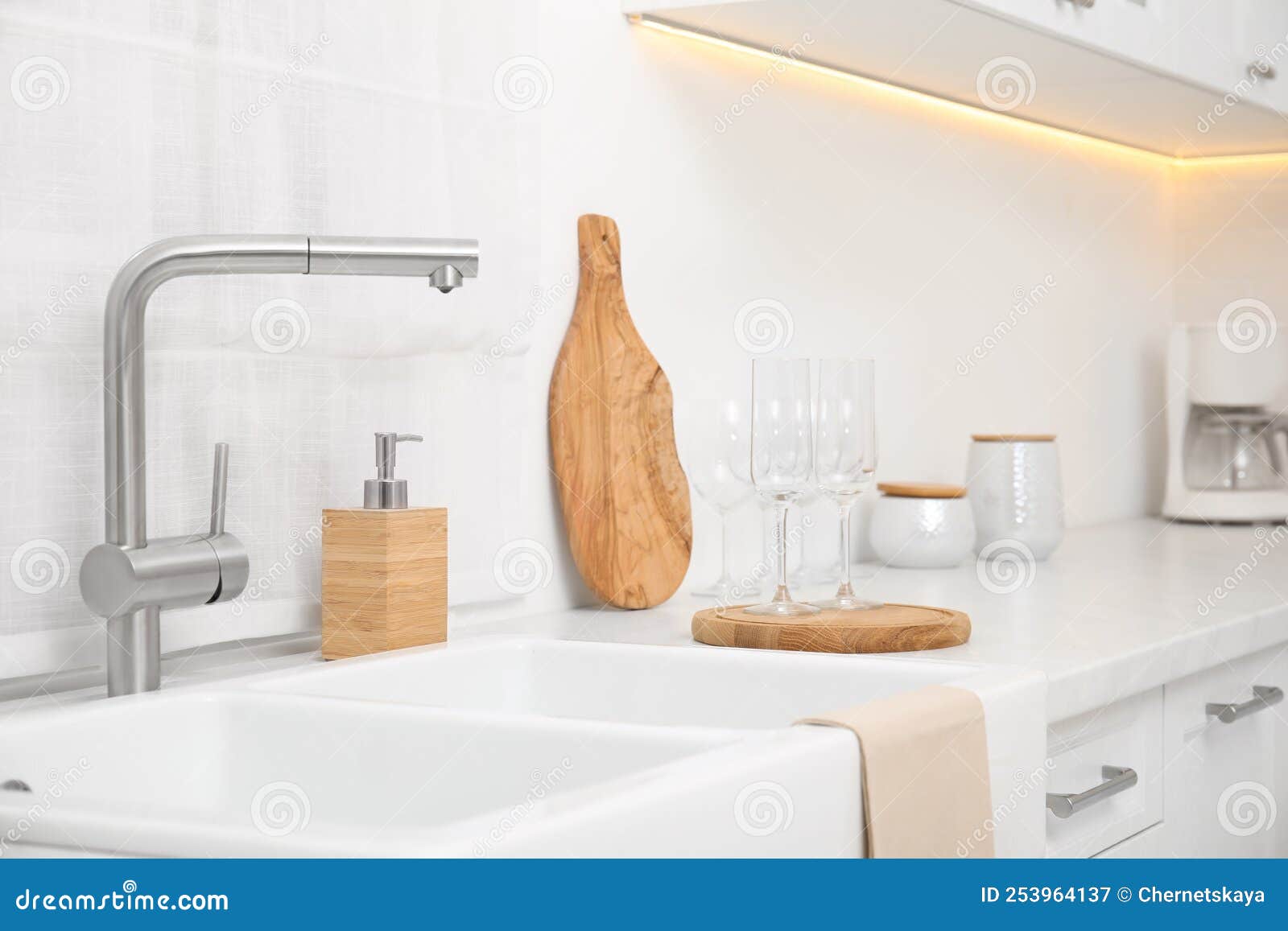 Kitchen Counter with Sink and Clean Glasses Stock Image Image of