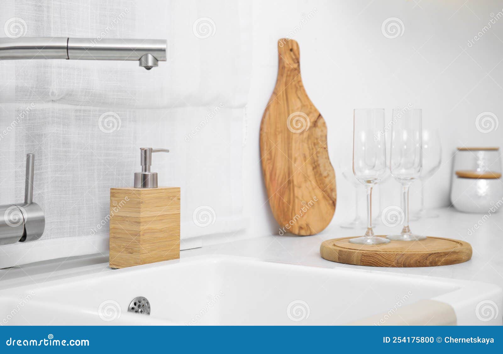 Kitchen Counter with Sink and Clean Glasses Stock Photo Image of