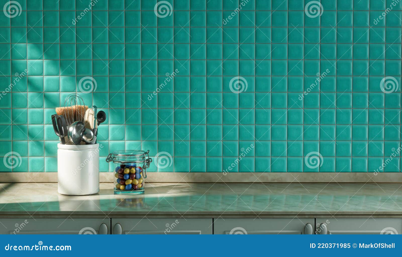 Kitchen Counter with Various Kitchen Utensils on it with Turquoise