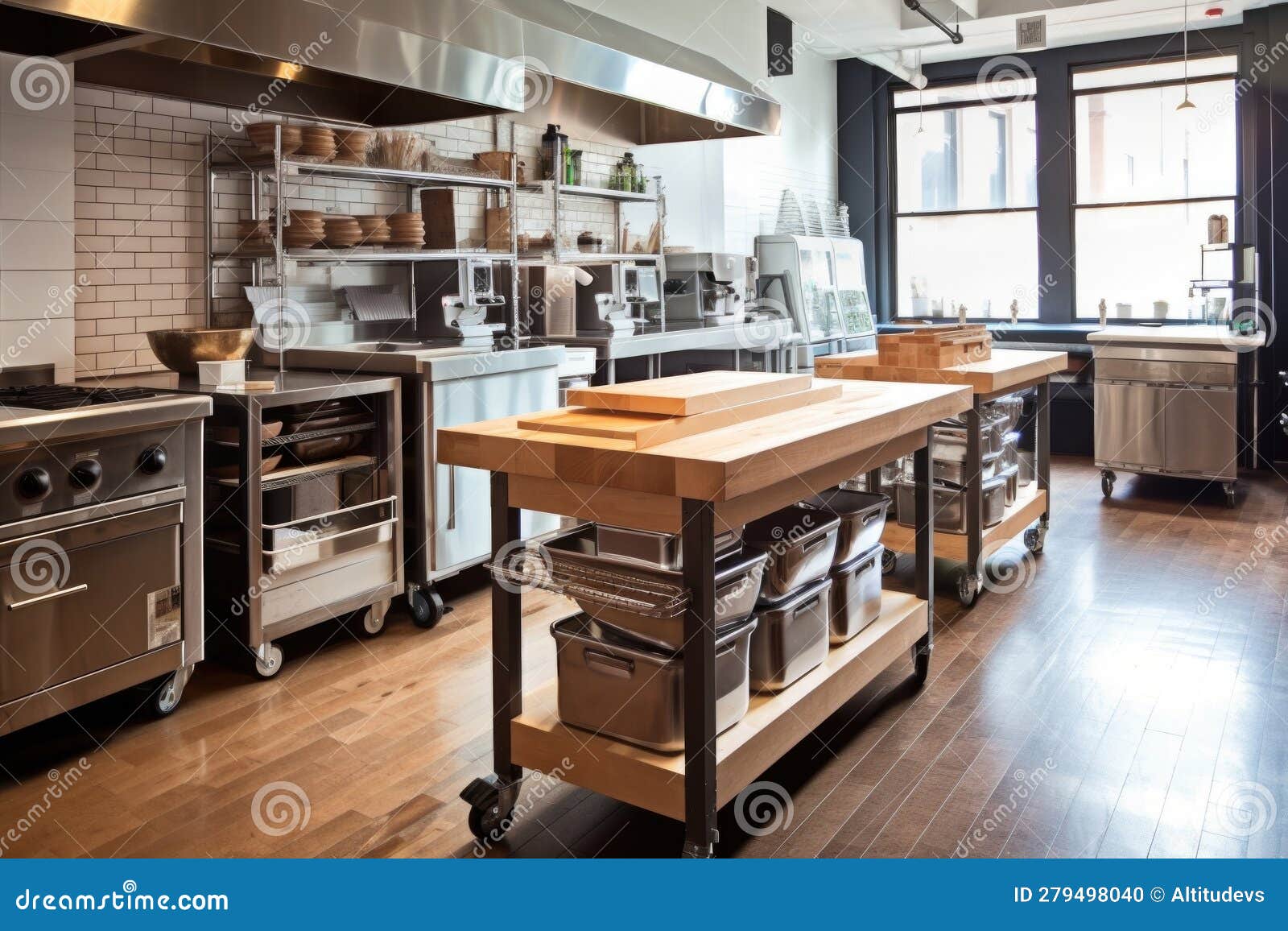 Kitchen with Custombuilt Cooking Stations and Rolling Carts for Easy