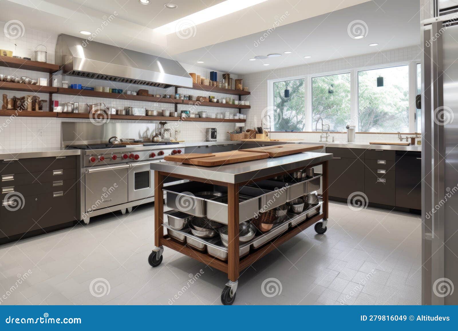 Kitchen with Custombuilt Cooking Stations and Rolling Carts for Easy