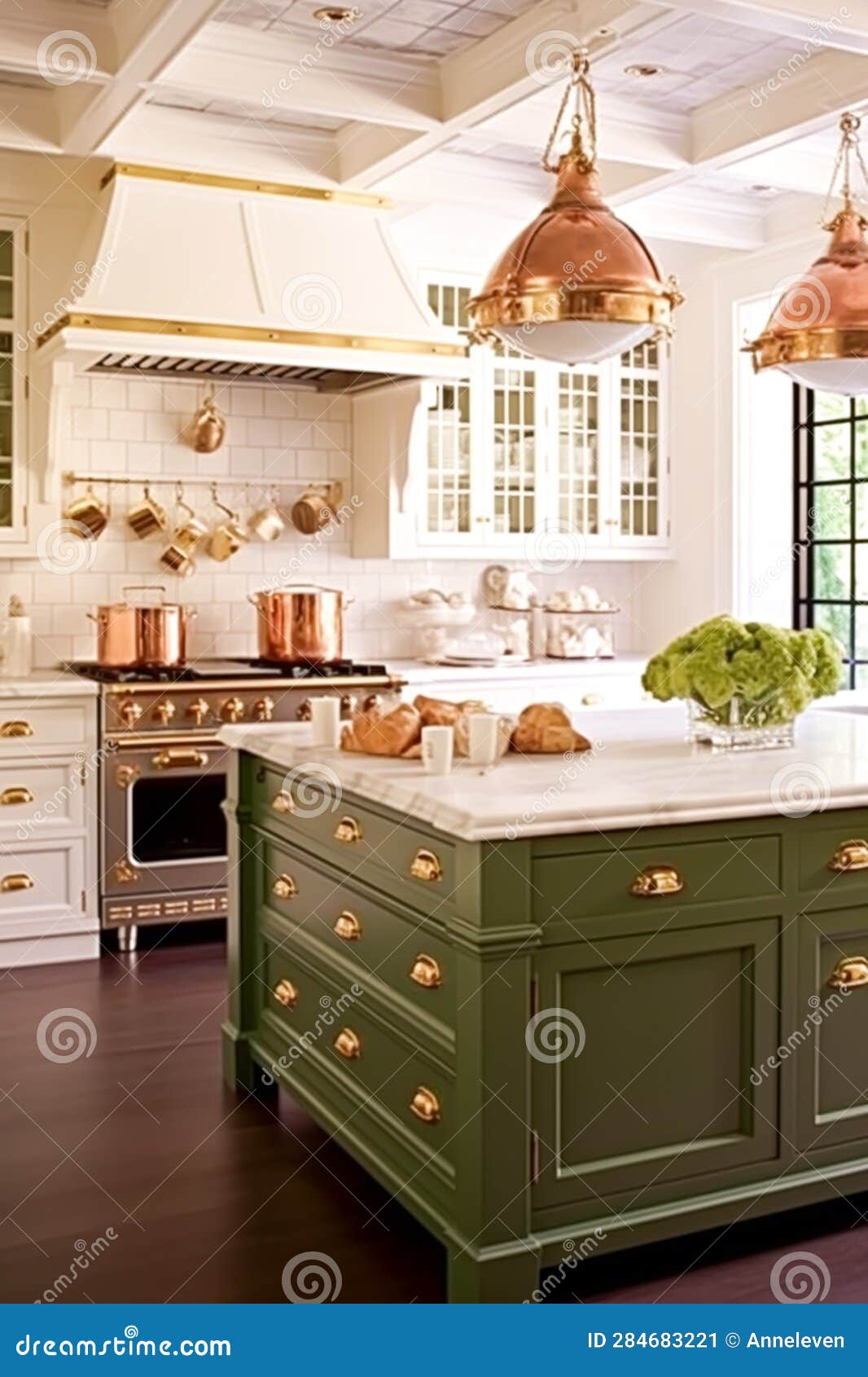 Kitchen Decor, Interior Design and House Improvement, Bespoke Sage Green  English in Frame Kitchen Cabinets, Countertop and Stock Illustration -  Illustration of home, counter: 291751716