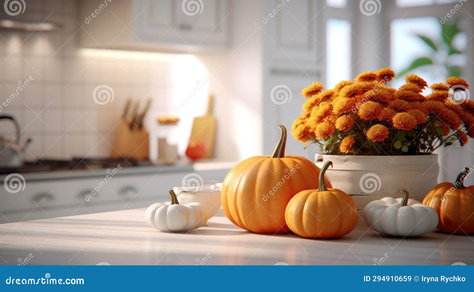 Kitchen Decorated for Fall with Orange Pumpkins and Leaves Stock Image ...
