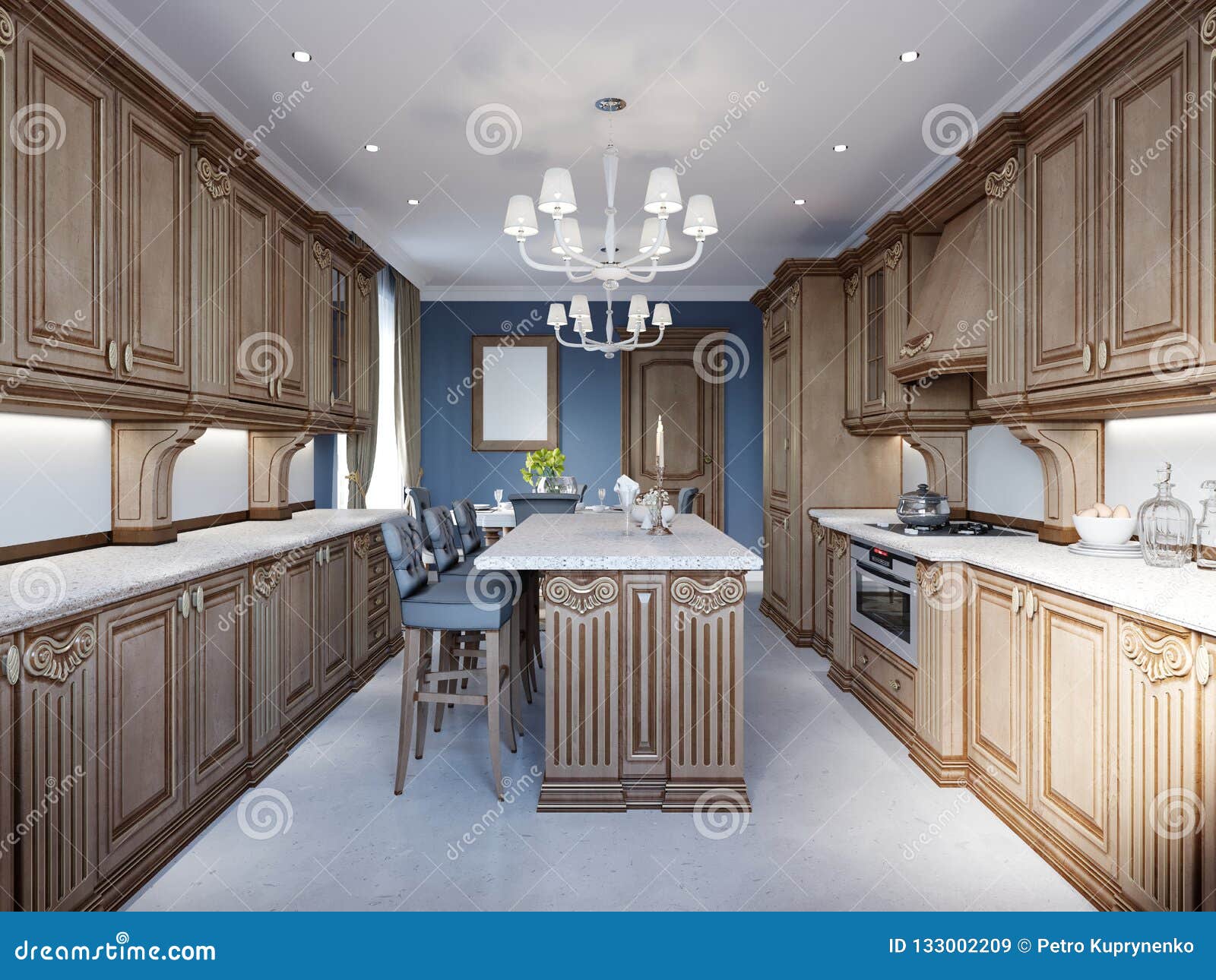 Kitchen And Dining In Luxury Home With Cherry Wood Cabinets Stock