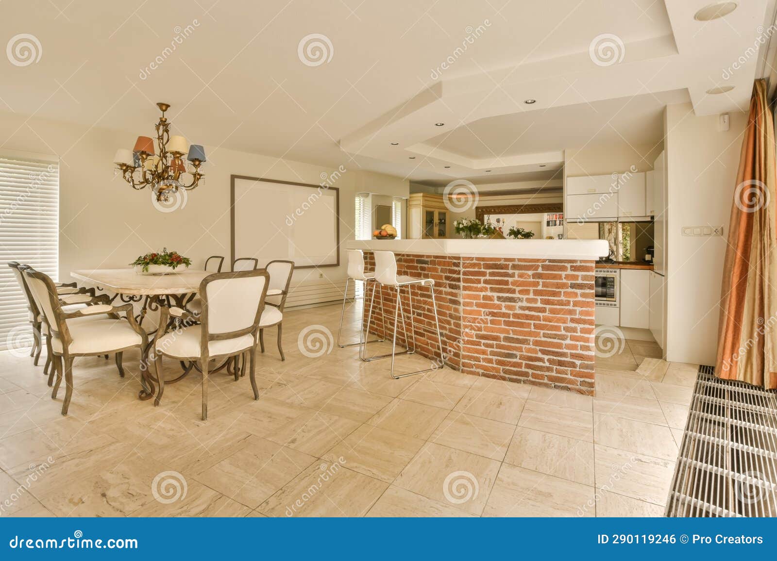 A Kitchen with a Dining Table and a Brick Wall Stock Photo Image of