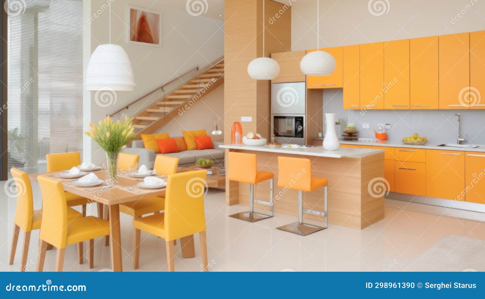 A Kitchen with a Dining Table and Yellow Chairs, AI Stock Photo Image
