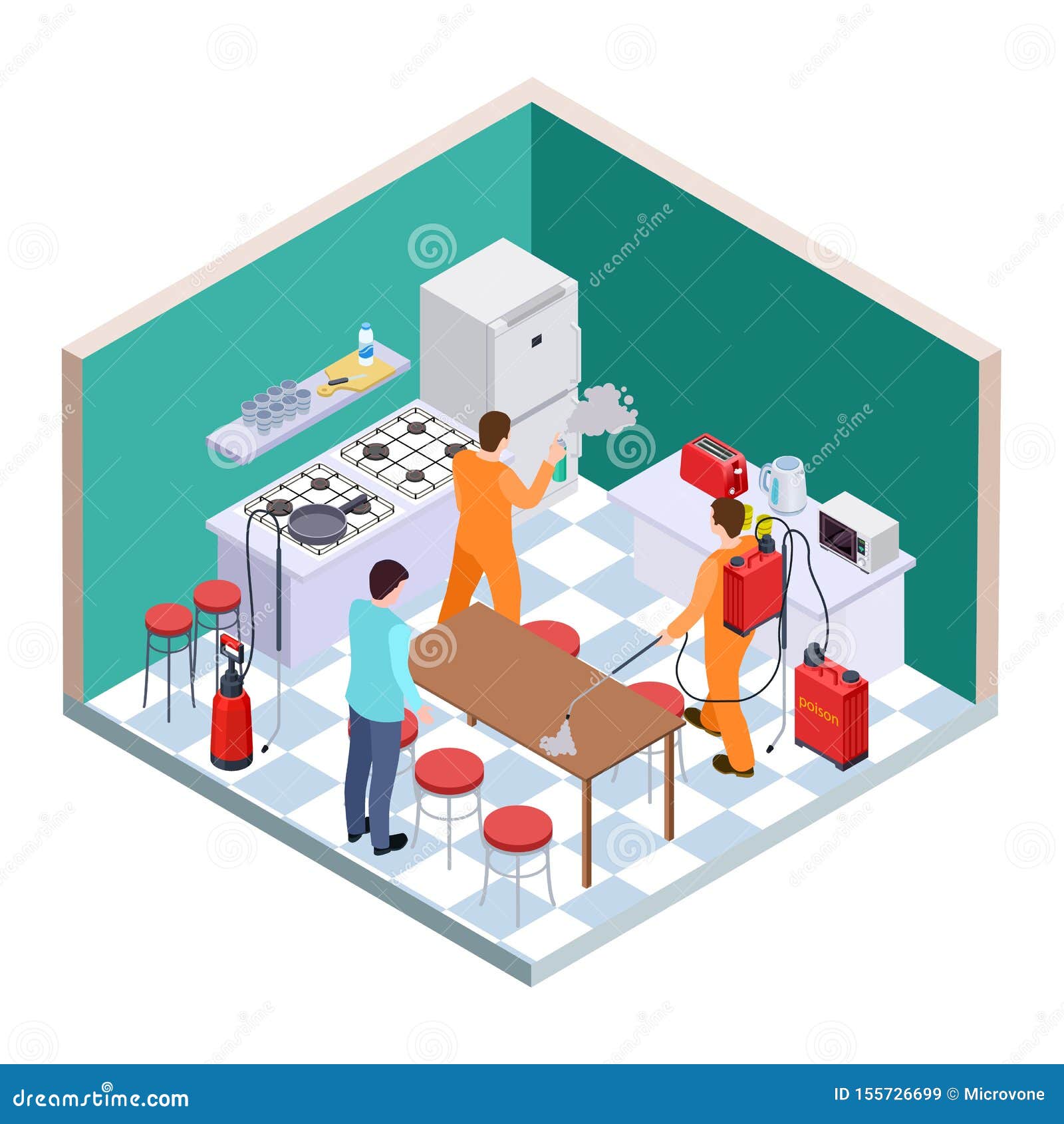 kitchen disinfection. isometric pest control.  disinfection service team
