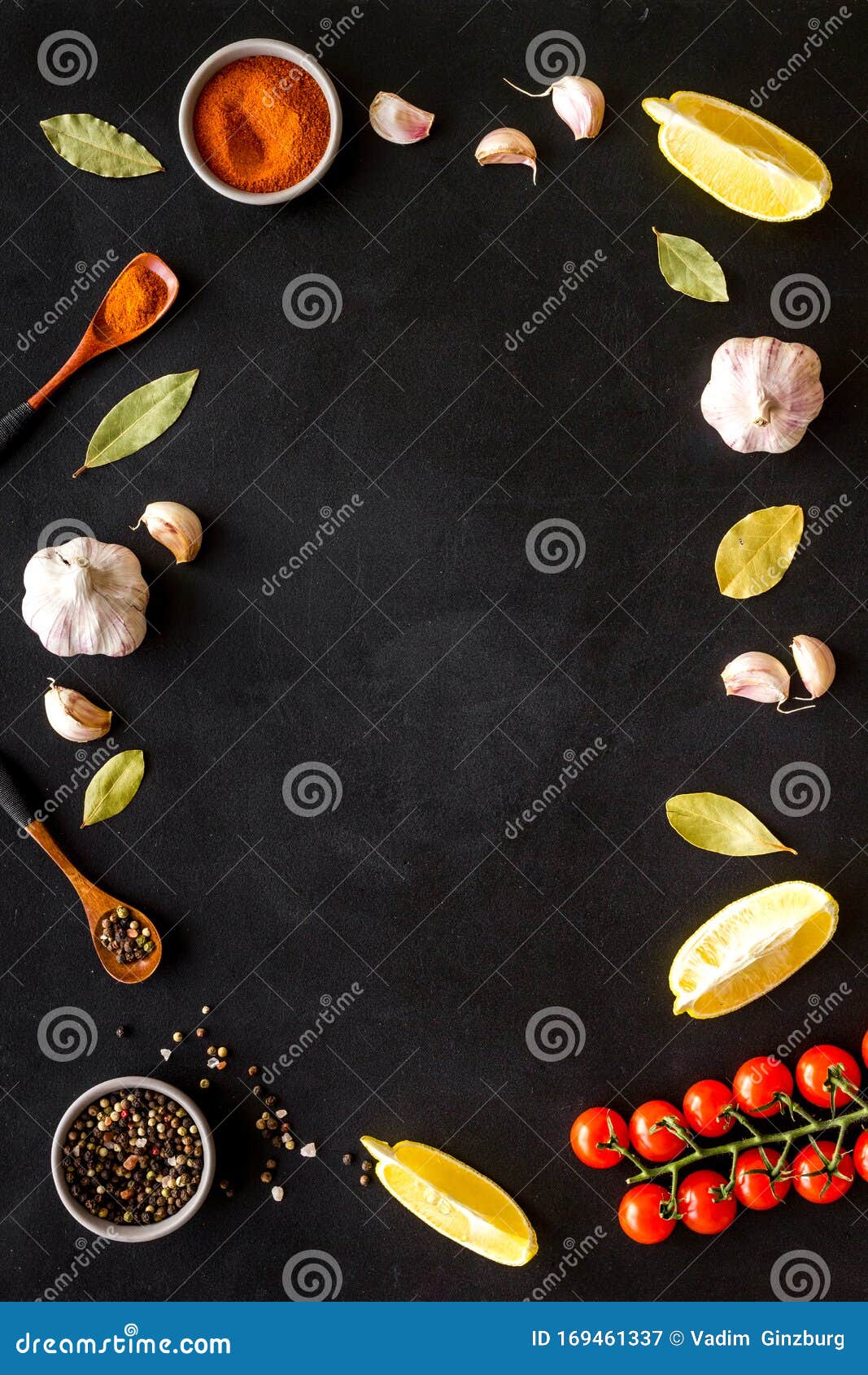 Kitchen Frame with Spices and Food - Pepper, Garlic, Cherry Tomatoes ...