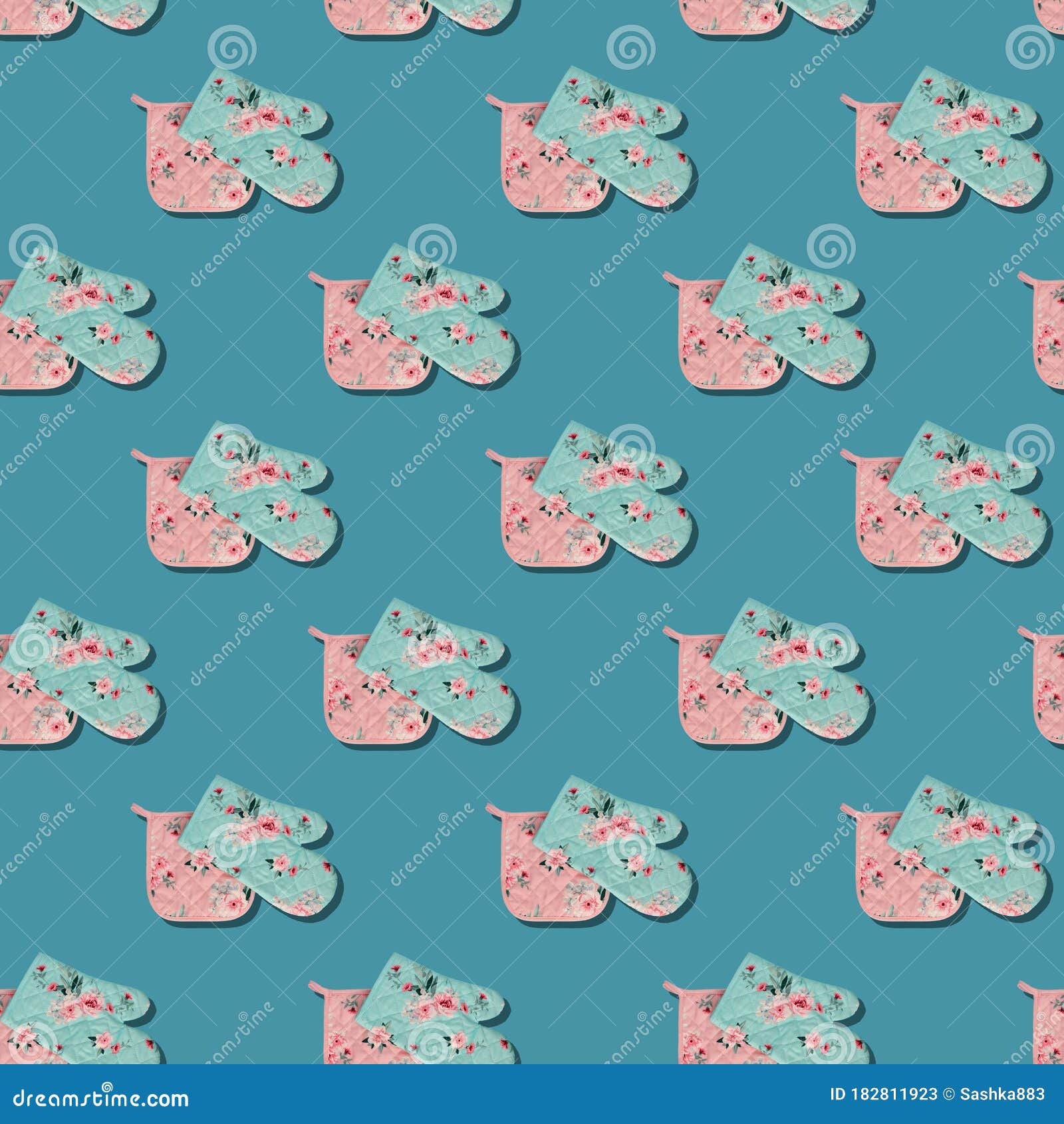 Kitchen Gloves with Potholder on Blue Seamless Pattern. Stock Image